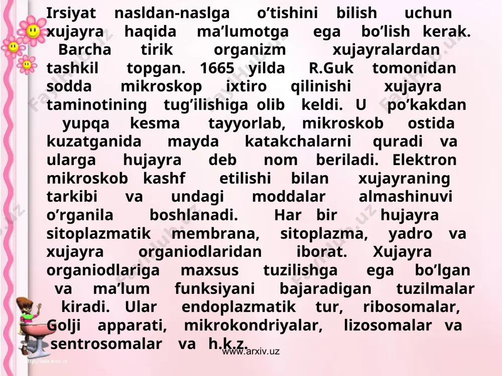 da yashash va rivojlanishi mumkin. organizm butun rivojlanishi mumkin. organizm butun rivojlanish prosessida urug’langan tuxum xujayradan to voyaga yetgunga qadar to’xtovsiz genotikning nazoratida va tashqi sharoit ta’sirida bo’ladi. mutasiyadan tashqari davinizmning asosiy qonuni tanlash ham irsiyatga ta’sir ko’rsatadi. www.arxiv.uz www.arxiv.uz xo’sh, odam o’ziga nimani meros qilib oladi? odam o’zining butun “ biofondini” meros qilib oldi, organlar shaklini, nerv sistemasini, sezgi organlari va boshqa meros qilib oladi. biroq bola tug’ilganidan boshlab u sostial muhit shart- sharoitlarda o’sib, rivojlanib boradi. biologik va sistiol omillarning o’zaro tasiri natijasida, o’ziga hos bo’gan shaxsiy xususiyatlariga ega bo’lgan organizm shakllanadi. ular fenotipini belgilab beradi. demak, irsiyat tashqi muhit tasirida o’zgaradi, lekin yo’q bo’lib ketmaydi. www.arxiv.uz www.arxiv.uz www.arxiv.uz www.arxiv.uz