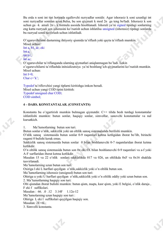 rfidan yoki ostki chizish belgisidan boshlanishi lozim. misol uchun: a1, _max, adress_01, rim, rim katta va kichik xarflar farklanadi, shuning uchun ohirgi ikki identifikator bir biridan farq qiladi. borland kompilyatorlaridan foydalanilganda nomning birinchi 32 xarfi ,ba’zi kompilyatorlarda 8 ta xarfi inobatga olinadi. bu holda number_of_test va number_of_room identifikatorlari bir biridan farq qilmaydi. xizmatchi so’zlar. tilda ishlatiluvchi ya’ni dasturchi tomonidan uzgaruvchilar nomlari sifatida ishlatish mumkin bulmagan identifikatorlar xizmatchi so’zlar deyiladi. c ++ tilida quyidagi xizmachi so’zlar mavjud: int extern else char register for float typedef do double static while struct goto switch union return case long sizeof default short break entry unsigned continue auto if 3 – dars. o’zgaruvchilar. (variables) o’zgaruvchilar ob’ekt sifatida. ci++ tilining asosiy tushunchalaridan biri nomlangan hotira qismi – ob’ekt tushunchasidir. ob’ektning xususiy holi bu o’zgaruvchidir. o’zgaruvchiga qiymat berilganda unga ajratilgan hotira qismiga shu qiymat kodi yoziladi. o’zgaruvchi qiymatiga nomi orqali murojaat qilish mumkin, hotira qismiga esa faqat …