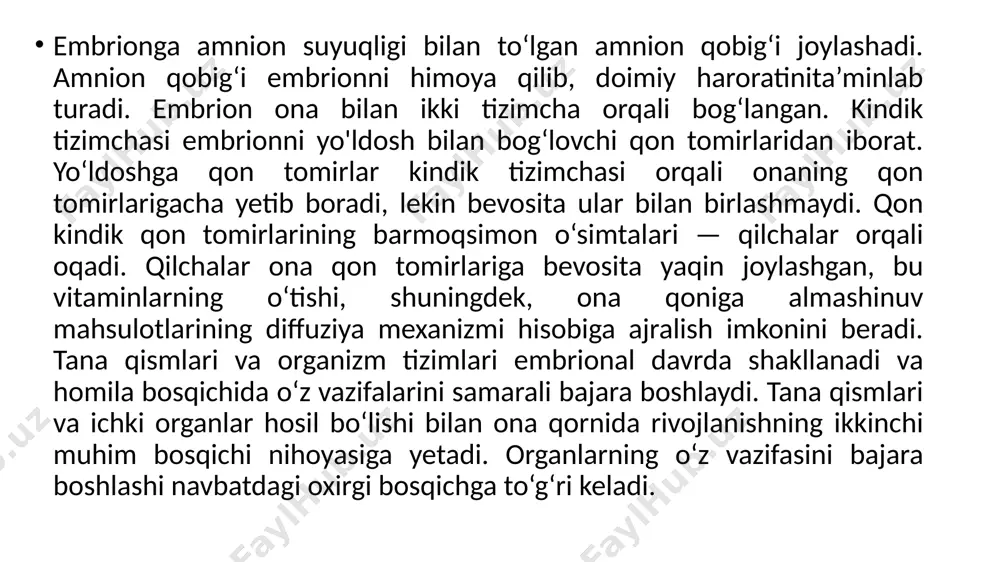 ing toliqib qolishiga yo‘l qo'ymasligi, ayniqsa, homiladorlikning oxirgi haftalarida, maxsus mashg‘ulotlarga qatnashishi zarur. u yerda ayollarni tug‘ruqqa va yangi tug‘ilgan chaqaloqlarni parvarish qilishni o‘rgatadilar. bola hayotining har bir oyi uning jismoniy va psixik imkoniyatlarining shakllanishidagi muhim davrdir. ikki, uch oylik bola ham yangi tug‘ilgan chaqaloqdan ancha farq qiladi, uch yashar bola esa o‘z taraqqiyoti bilan bir yashar boladan birmuncha ustun turadi. ilk bolalik davrda bolaning shaxsi, xarakteri, xulq-atvori ma’lum darajada tarkib topadi. shu sababli bolaning ma’lum davrdagi rivojlanishi xususiyatlarini tahlil qilganda, bu rivojlanishning oldingi bosqichlarda qanday bolganligini bilish kerak. bu faqat bolaning rivojlanish jarayonini takomillashtirish va tezlashtirish uchun emas, balki ana shu jarayonning bola kuchiga yarasha va yosh imkoniyatiga mos keladigan bo‘lishini ta’minlash uchun ham kerakdir. pedagogik tajribalarga va mavjud psixologo-fiziologik tekshirish natijalariga asoslanib maktabgacha yoshdagi bolalarning psixik taraqqiyoti quyidagi yosh bosqichlariga ajratiladi. (bunda bola tug‘ilgandan tortib, to maktabda o‘qiy boshlaguncha bolgan davr hisobga olinadi.) 1. tugllgandan bir yoshgacha: chaqaloqlik …