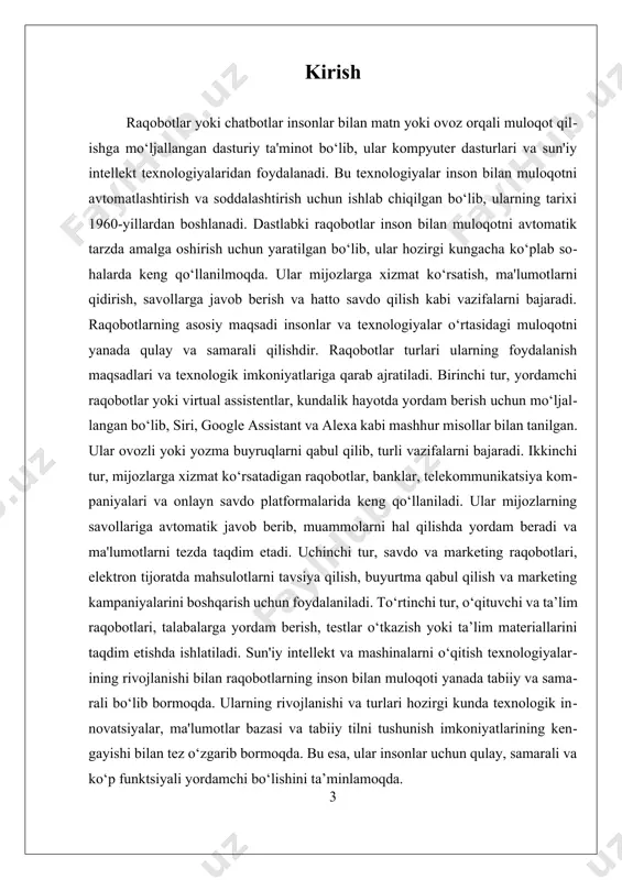 telekommunikatsiya kompaniyalari va onlayn savdo platformalarida keng qo‘llaniladi. ular mijozlarning savollariga avtomatik javob berish, muammolarni hal qilish va ma’lumotlarni tezda taqdim etishga qaratilgan. ularning yordamida xizmat ko‘rsatish jarayonlari samarali va tezlashadi. uchinchi turdagi raqobotlar, ya’ni savdo va marketing raqobotlari, elektron tijoratda mahsulotlarni tavsiya qilish, buyurtma qabul qilish va marketing kampaniyalarini boshqarish uchun ishlatiladi. bu raqobotlar mijozlarni jalb qilish va ularning ehtiyojlariga mos mahsulot yoki xizmatlarni taklif qilishda muhim rol o‘ynaydi. to‘rtinchi turdagi raqobotlar ta’lim sohasida ishlatiladi va o‘qituvchi yoki ta’lim raqobotlari sifatida xizmat qiladi. ular talabalarga yordam berish, testlar o‘tkazish yoki ta’lim materiallarini taqdim etish uchun mo‘ljallangan. har bir turdagi raqobotlar o‘zining texnologik imkoniyatlari va foydalanish sohalariga qarab rivojlanmoqda. sun'iy intellekt va mashinalarni o‘qitish texnologiyalarining rivojlanishi bilan ular inson bilan muloqotni yanada tabiiy va samarali qilmoqda. raqobotlarning rivojlanishi va turlari hozirgi kunda keng ko‘lamda texnologik innovatsiyalar, ma’lumotlar bazasi va tabiiy tilni tushunish imkoniyatlarining kengayishi bilan tez o‘zgarib bormoqda. bu esa, …