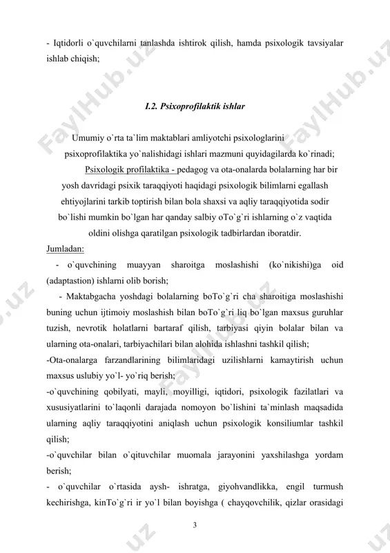 sida aniqlash (bioritmika, emostiya, motivastiya,iroda, qizikish va diqqatni shaxs tomonidan idora qilinishi nazarda tutiladi), tuzatishlar olib borish, buzilishlarni oldini olish; i.3. psixologik ma`rifat va tashviqot ishlar psixologik ma`rifat va tashviqot - maktabning pedogogik jamoasini, o`quvchilarni va ota–onalarni psixologik bilimlarni egallashga jalb etish, ularning psixologik madaniyatini oshirish maqsadida turli mashto`g`ri ulotlar, o`quvlar, ma`ruzalar uyushtirishdan iboratdir. umumiy o`rta ta`lim maktablari amliyotchi psixologlarini psixologik maorif va tashviqot yo`nalishidagi ishlari mazmuniquyidagilarni tashkil qiladi; -o`quvchilar, o`qituvchilar, xodimlar ijodiy faoliyati mahsuldorligi, to`garaklar faolligini ko`tarishning tadbirlarini ishlab chiqish, ularning imkoniyatlarini tekshirish, kasb mahoratlarini egallash bo`yicha musobaqalar, munozaralar tashkil qilish; -o`quvchilar, o`qituvchilar, xodimlar o`rtasida bo`sh vaqtni taqsimlash va undan omilkorlik bilan foydalanish muammosini ijtimoiy - psixologik nuqtai- nazardan tekshirish va bo`sh vaqtni maqsadga muvofiq tashkil qilish yo`llari hamda ulardan etnopsixologik bilimlar, ma`naviy qadriyatlarni egallashda foydalanish imkoniyatini psixologik jihatdan tahlil qilish; -o`quvchilarning talabi, ehtiyoji, qiziqishi, ijtimoiy qarashlari, nuqtai nazari, maslagi, turmushga nisbatan munosabati to`g`ri risida ma`lumotlar to`plash va ularning …