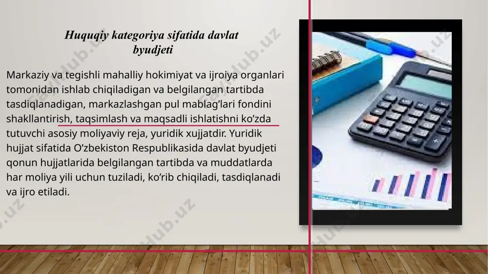 ositasi bo‟lib, uning yordamida davlat takror ishlab chikarish jarayonlariga ta’sir ko‟rsatadi, inson irodasiga buysunmaydigan bozor kuchlarining salbiy ta’sirini bartaraf etadi. moddiy mazmun jihatidan, davlat byudjeti - davlatning byudjet rejasini ijro etish jarayonida tashkil topadigan va foydalaniladigan asosiy markazlashtirilgan pul mablaglari jamg‟armasidir. mohiyat jihatidan, davlat byudjeti - davlat boshqaruvining muhim vositasi bo’lib, uning yordamida davlat takror ishlab chikarish jarayonlariga ta‟sir ko’rsatadi, inson irodasiga buysunmaydigan bozor kuchlarining salbiy ta’sirini bartaraf etadi. public budgeting systems nomli qo’llanmada ―davlat byudjeti nima? deb qo’yilgan savolga ―sodda qilib ta‘riflaganda, byudjet - bu tashkilotning (masalan, oila, korporatsiya, hukumat) moliyaviy holati va kelgusi rejalarini, ya‘ni daromadlar, xarajatlar rejasi, maqsadlar va natijalar to’g’risidagi ma‘lumotlarni o’z ichiga oluvchi hujjat yoki hujjatlar yig’indisi , deb ta‘rif berilgan. retrospektiv xarakterga ega bo’lgan, ya‘ni o’tgan davr ma‘lumotlarini aks ettirishga asoslangan buxgalteriya hisobotidan farqli o’laroq, (garchi byudjet ishlab chiqilayotganda byudjetning o’tgan davrdagi daromadlari va xarajatlari ijrosining buxgalteriya hisobi ma‘lumotlaridan foydalanilsada) byudjet – kelgusida kutilayotgan …