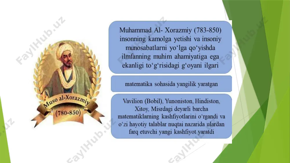 azmiyning “zij”i ovroʻpoda ham, sharq mamlakatlarida ham astronomiyaning rivojlanish yoʻlini koʻrsatib berdi. lekin afsuski, fanning bir necha tarmoqlariga asos solgan, “oʻz davrining eng buyuk matematigi va agar barcha shart-sharoitlar nazarga olinsa, hamma davrlarning ham eng buyuklaridan biri” (j. sarton) boʻlgan bunday siymoning hayoti haqida maʼlumotlar deyarli saqlanmagan. xorazmiy xorazm oʻlkasida tugʻilib, oʻsdi. adabiyotlarda 783 yil uning tugʻilgan yili deb qabul etilgan. u dastlabki maʼlumot va turli sohadagi bilimlarni asosan oʻz yurtida, markaziy osiyo shaharlarida koʻpgina ustozlardan olgan, deb bilmoq mumkin. manbalarda xorazmiyning ismiga yana al-majusiy va al-qutrubbuliy degan atamalar ham qoʻshib aytiladi. bularning birinchisi olim xorazmning asli mahalliy aholisidan, yaʼni otashparastlar (arabcha – “majus” – otashparast degani) oilasidan, balki shu otashparastlik dinining kohinlari oilasidan kelib chiqqanligini, shu bilan birga olimning oʻzi yoki otasi majusiy boʻlib, ular islomni keyin qabul qilganligini koʻrsatadi. xorazmda majusiylar islomdan keyin ham uzoq muddat oʻz diniy urf-odatlarini saqlab kelgan. bu hakda beruniy oʻzining “osori boqiya” asarida …
