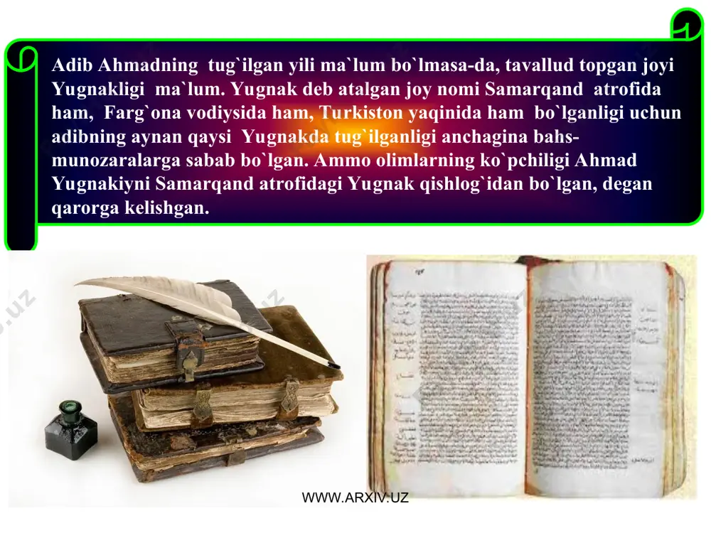 arxiv.uz www.arxiv.uz “hibat ul-haqoyiq” asari yozilgan davrda forsiy va turkiy dostonlar uchun umumiy bo`lgan muayyan she`riy shakl (ya`ni, aa, bb, vv usulida qofiyalanuvchi masnaviy shakli) hali mavjud emas edi. shu sababli asarning madhiyaviy kirish qismlari o`sha davr arab adabiyotiga xos bo`lgan qasida janridan ijodiy foydalanib yozilgan. ammo dostonning asosiy qismi va xulosasi qadim turkiy og`zaki adabiyotida keng qo`llanilgan to`rtliklar shaklida yaratilgan. shu sababli doston hajmini baytlar bilan o`lchash to`g`ri emas. “hibat ul-haqoyiq” asari aruz vaznida yaratilgan turkiydagi ikkinchi asar hisoblanadi. u aruzning mutaqorib bahrida yaratilgan: nomlanishi mutaqoribi musammani mahzuf, ya`ni faulun, faulun faul: o`char meh/nat o`ti, / kechar nav/bati, qolur sabr / idisi / savobin / tutub. www.arxiv.uz www.arxiv.uz “hibat ul-haqoyiq” asarining asl nusxasi bizgacha yetib kelmagan. shuning uchun uni dastlab qaysi yozuvda yozilganligi ham noma`lum. xv-xvi asrlarda asar bir necha marotaba ko`chirilgan. asarning topilishi va dastlabki nashri turk olimi najib osimbek nomi bilan bog`liq. u dastlab asarning istambulda abdurazzoq …