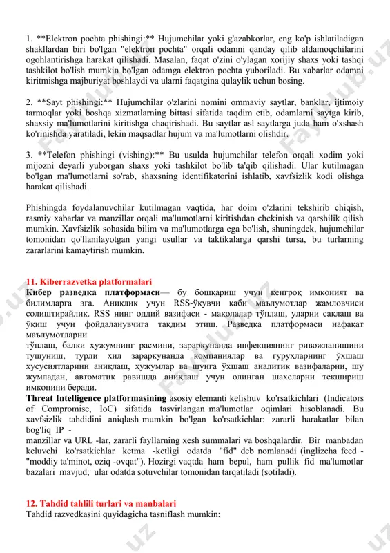 osiy vazifalari quyidagilardir: 1. **maxfiylik:** ma'lumotlarni maxfiy, noyob va faqat aniq odamlarga o'qituvchi usullar orqali himoya qilish. 2. **integritet:** ma'lumotlar o'zgartirilmaganligini ta'minlash uchun maxfiylikni saqlash. 3. **autentifikatsiya:** foydalanuvchilar yoki tizimlar o'zlarini tanituvchi va autentifikatsiya qiluvchi tizimlar orqali maxfiylikni ta'minlash. 4. **konfidensiallik:** ma'lumotlarni faqat ruxsat olgan shaxslar yoki tizimlar o'qishlari mumkin bo'lgan xolda saqlash. 5. **xavfsiz uzatish va qabul qilish:** ma'lumotlar tarmoqlar orqali xavfsiz uzatiladi va qabul qilinadi. qalbakilashtirish protokollari va algoritmalar faqat ma'lumotni o'qitish uchun emas, balki xavfsiz uzatish, qabul qilish, va saqlash jarayonlarida ham amal qiladi. ushbu tushuncha axborot texnologiyalarida, internetda, elektron pochta xizmatlarida va boshqa ko'plab sohalarida keng qo'llaniladi. " fishing " (yoki "phishing") tushunchasi, hujumchilar tomonidan odamni xush kelibsiz bilan yoki eng past darajadagi xavf vaqtida - odatda elektron pochta, ijtimoiy tarmoqlar yoki boshqa onlayn xizmatlar orqali - ma'lumotlarni olish uchun ishlatiladigan g'ayriqonuniy taktika va usullarni anglatadi. phishing tushunchasi bir necha turdagi hujumni o'z ichiga oladi: 1. …