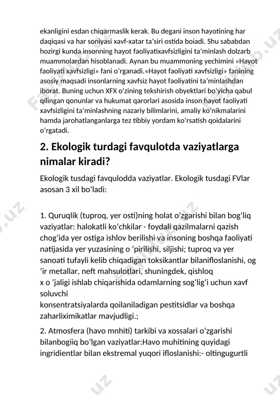 oning boshqa faoliyati natijasida yer yuzasining o ‘pirilishi, siljishi; tuproq va yer sanoati tufayli kelib chiqadigan toksikantlar bilanifloslanishi, og ‘ir metallar, neft mahsulotlari, shuningdek, qishloq x o ‘jaligi ishlab chiqarishida odamlarning sog‘lig‘i uchun xavf soluvchi konsentratsiyalarda qoilaniladigan pestitsidlar va boshqa zaharliximikatlar mavjudligi.; 2. atmosfera (havo mnhiti) tarkibi va xossalari o‘zgarishi bilanbogiiq bo‘lgan vaziyatlar:havo muhitining quyidagi ingridientlar bilan ekstremal yuqori ifloslanishi:- oltingugurtli oksid, azotli oksid, uglerodli oksid, dioksid, qurum,chang va odamlar s o g iig ‘iga xavf soluvchi konsentratsiyalarda antropogen tusdagi boshqa zararli moddalar; - keng koiam da kislotali hududlar hosil b o iish i va ko‘p miqdorda kislota chiqindilari y o g ‘ilishi- radiatsiyaning yuqori darajasi. 3. gidrosfera holatining o'zgarishi bilan b o g iiq vaziyatlar:yer yuzasi va yer osti suvlarining sanoat hamda qishloq x o ‘jaligi ishlab chiqarishi oqovalari; neft mahsulotlari, odamlaming zaharlanishiga olib kelgan yoki olib kelishi mumkin b o ig a n tarkibiaa o g ‘ir metallar, …