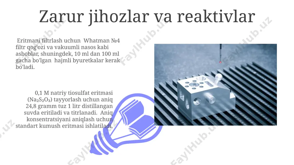 rini fotometrik usulda aniqlashda standart eritmalar tayyorlashda 0,1 m nitrat kislota va 1000 ppm standart kumush eritmasidan foydalaniladi. kumush (ag) miqdorini hisoblash kumush miqdorini hisoblashda olingan yutilish qiymatlari oldindan tuzilgan kalibrlovchi grafik yoki tenglama yordamida konsentratsiyaga aylantiriladi, bu esa 95% ishonch oraligʻini taʼminlaydi. kumush (ag) miqdorini aniqlashda fotometrik usul 0,1-10 mg/l oraligʻidagi konsentratsiyalarda yuqori aniqlik bilan natija beradi va standart eritmalar bilan kalibrlashni talab qiladi. eritma tarkibidagi kumush (ag) miqdorini fotometrik aniqlashga kirish 01 02 analitik signalning toʻgʻriligi va takrorlanuvchanligi uchun kalibrlovchi egri chizigʻi 5 ta standart eritma asosida tuziladi. sales 1st qtr 2nd qtr 100 0 sales 1st qtr 2nd qtr 100 0 e'tiboringiz uchun rahmat @taqdimot_robot image4.jpg image5.jpg image6.jpg image7.jpg image8.jpg image9.jpg image10.jpg image11.jpg image12.jpg image13.jpg image14.jpg image15.jpg image1.jpeg image2.jpeg image3.jpeg