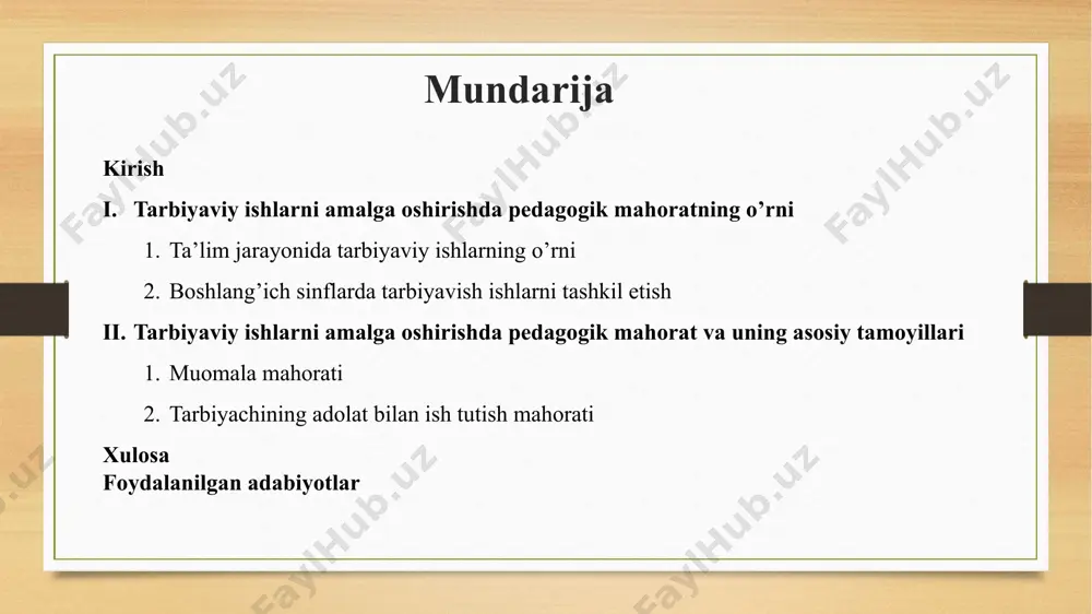 n olib ketiladi, shunda keyinchalik u g'oyani qabul qilishi mumkin. boshlang’ich sinflarda tarbiyavish ishlarni tashkil etish tarbiyaviy ish pedagogdan butun qobiliyatini ishga solishni, tinmay izlanishni taqozo etadi. chunki kelajak avlod tarbiyalangan, uyushgan, ahil, jonajon vatanimizning haqiqiy fuqarolari bo‘lishi kerak.maktabda bashlang‘ich sinflarda tarbiyaviy ishlarni olib borish, uni yo‘lga qo‘yish sinf rahbari yoki tarbiyaviy ishlar tashkilotchilari tomonidan uyushtiriladi. tarbiyaviy ishning asosiy yo‘nalishlari: o‘quvchilarda ilmiy dunyoqarash asoslarini shakllantirish; ularni milliy istiqlol ruhidatarbiyalash; o‘quvchilarning ijtimoiy foydali mehnatini tashkil etish; o‘quvchilarda axloq madaniyatini, ularning o‘z huquq va burchlariga nisbatan ongli munosabatini tarbiyalash; o‘quvchilarda o‘z-o‘zini boshqarish malakalarini shakllantirishdan iborat.boshlang‘ich sinf o‘quvchisi va sinf rahbari faoliyatining asosiy vazifalaridan biri o‘quvchilarning ahil tarbiyaliy jamoasini tashkil etishdir. sinf rahbarining axloqiy obro‘si sinf rahbarining axloqiy obro‘si g‘oyat darajada yuqori bo‘lishi ham bu o‘rinda muhimdir. sinf rahbari ana shundagina tarbiyaviy ta’sir ko‘rsatishga ega bo‘ladi. tarbiyachining shaxsiy fazilatlari, ma’naviy qiyofasi o‘quvchilar ongining va xulqining shakllanishiga katta ta’sir ko‘rsatadi. sinf rahbari uchun malaka …