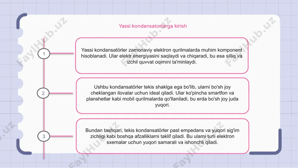 adi. bu elektr maydon musbat va manfiy zaryadlarning tegishli plitalarda to'planishiga olib keladi va elektr energiyasini kondansatkichda saqlaydi. yassi kondensatorlarning turlari yassi kondansatörler elektr zaryadini saqlaydigan elektron komponentlardir. keramika, elektrolitik va kino kondansatkichlari kabi turli xil tekis kondansatörler mavjud. seramika kondansatkichlari mashhur, chunki ular kichik va ishonchli. ular ko'pincha yuqori chastotali dasturlarda qo'llaniladi va yuqori haroratga bardosh bera oladi. kattaroq sig'im qiymatlari uchun elektrolitik kondansatörler ishlatiladi. ular polarizatsiyalangan, ya'ni ular ijobiy va salbiy terminalga ega. kino kondansatkichlari yuqori voltli ilovalar uchun javob beradi va past oqish oqimini taklif qiladi. yassi kondensatorlardan foydalanishning afzalliklari yassi kondansatörler an'anaviy kondansatkichlarga nisbatan bir qancha afzalliklarga ega. ularning o'lchamlari kichikroq va elektron platada kamroq joy egallaydi. bundan tashqari, tekis kondansatkichlar pastroq profilga ega bo'lib, ularni balandlik tashvishga soladigan ilovalar uchun ideal qiladi. ular, shuningdek, esr (ekvivalent seriyali qarshilik) va esl (ekvivalent seriyali endüktans) ni namoyish etadi, bu esa ishlash va samaradorlikni oshiradi. 1 2 3 …