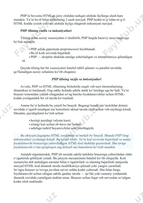 mumkin. yaʼni bu til bilan ishlashning 2 usuli mavjud. php-kodni toʻgʻridan-toʻgʻri html-kodda yozish yoki uni alohida faylga chiqarish imkoniyati mavjud. php tilining vazifa va imkoniyatlari tilning uchta asosiy xususiyatini oʻzlashtirib, php haqida bazaviy tasavvurga ega boʻlish mumkin. · php aslida gipermatn preprotsessori hisoblanadi. · bu til kodi serverda bajariladi. · php — skriptlar shaklida amalga oshiriladigan va interpretatsiya qilinadigan til. quyida tilning har bir xususiyatini batafsil tahlil qilamiz va parallel ravishda qoʻllanadigan asosiy sohalarni koʻrib chiqamiz. php tilining vazifa va imkoniyatlari avvalo, php va html tillarining birlashishi orqali veb-sayt elementlarining dinamikasi taʼminlanadi. eng oddiy holatda sahifa statik koʻrinishga ega boʻladi. yaʼni brauzer tomonidan yuklab olingandan soʻng barcha foydalanuvchilar uchun html-kodda yozilganidek bir xil tarzda koʻrsatiladi. ammo baʼzi hollarda bu yetarli boʻlmaydi. bugungi kunda isteʼmolchilar doimiy ravishda oʻzgarib turadigan maʼlumotlarni aktual tarzda olish uchun veb-saytlarga kiradi. masalan, quyidagilarni koʻrish uchun: · hozirgi paytdagi valyuta kursi; · ertangi kun uchun ob-havo maʼlumoti; …