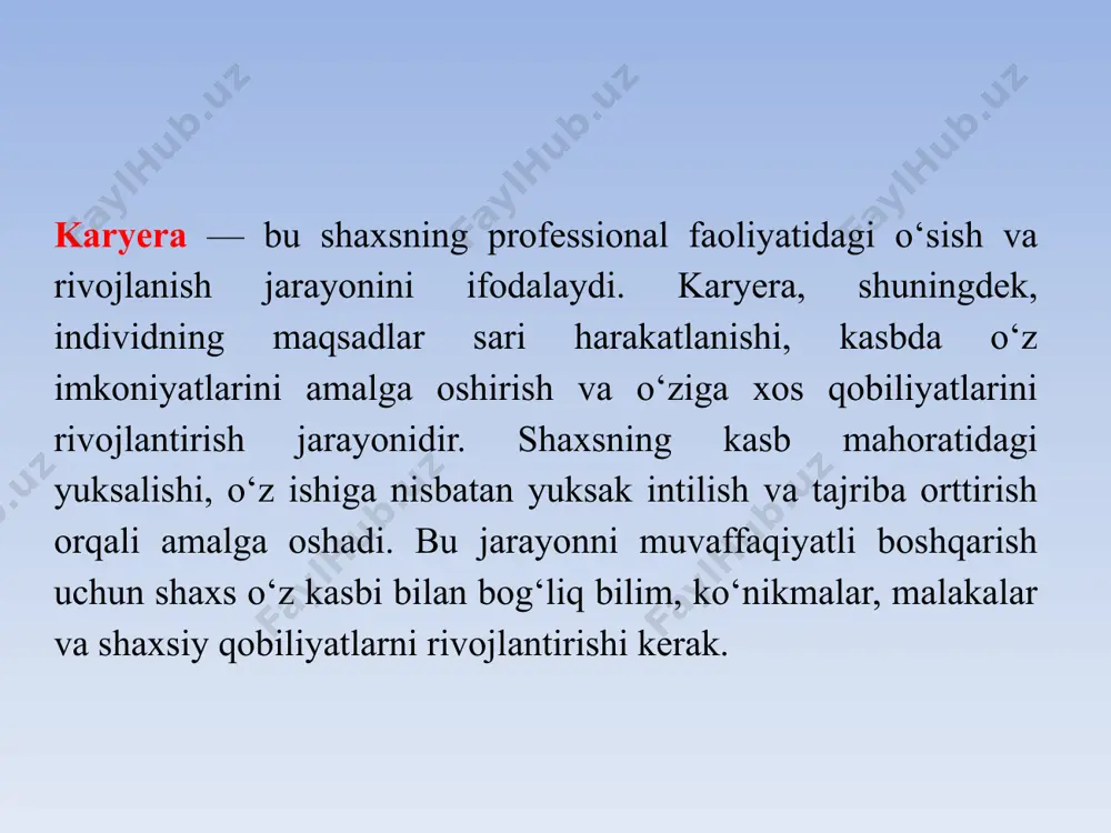 a qarshi kurashishga tayyor bo‘lish. mehnatsevarlik — doimo o‘rganish va rivojlanishga intilish. jamoa bilan ishlash — boshqalar bilan samarali ishlash, liderlik va guruhni boshqarish ko‘nikmalariga ega bo‘lish. moslashuvchanlik — o‘zgaruvchan sharoitlarga tezda moslashish, yangi imkoniyatlarni qidirish. kommunikativlik — samarali muloqot qilish, muammolarni hal qilishda boshqa odamlar bilan ishlash qobiliyati. qaror qabul qilish — to‘g‘ri va tez qarorlar qabul qilish qobiliyati. karyeraning shaxs faoliyatidagi o‘rni va karyera terapiyasi karyeraning shaxs faoliyatidagi o‘rni — karyera shaxsning umumiy faoliyatida markaziy o‘rin tutadi. karyera nafaqat iqtisodiy jihatdan, balki shaxsiy rivojlanish, o‘z maqsadlariga erishish va ruhiy qoniqish hosil qilishda ham muhim rol o‘ynaydi. karyera terapiyasi — bu shaxsning karyera yo‘lida yuzaga keladigan psixologik qiyinchiliklarni yengish va o‘z karyera yo‘lini to‘g‘ri belgilashda yordam beruvchi terapiya shaklidir. karyera terapiyasining asosiy maqsadi — shaxsning kasbiy orzu-istaklari va imkoniyatlarini tahlil qilish, shuningdek, o‘z karyerasini muvaffaqiyatli boshqarish uchun zarur bo‘lgan psixologik resurslarni aniqlashdir. karyera terapiyasi shaxsni kasb tanlash, ish joyi …