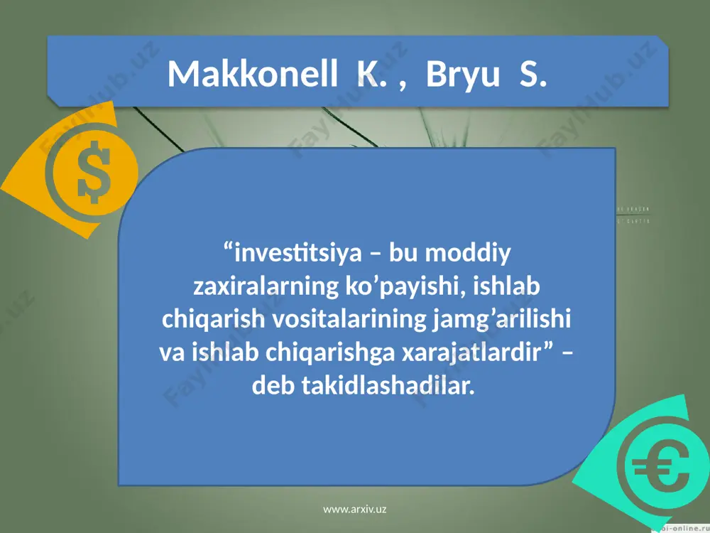 ildi. birinchi chorak davomida asbob-uskunalar olib kelish va qurilish ishlariga jami 160,85 mln. doll. yoki davr prognozining 203,8 foizi miqdorida moliyalashtirish amalga oshirildi. asosiy kapitalga xorijiy investitsiyalarning iqtisodiyot tarmoqlari bo‘yicha taqsimlanishi (%). 07/i 08/i jami 100 100 ishlab chiqarish sohasi 91,5 95,7 sanoat 30,5 38,8 qishloq xo‘jaligi 5,0 1,8 qurilish 0,1 0,1 transport va aloqa 54,6 22,4 savdo va umumiy ovqatlanish 0,5 0,1 boshqa sohalar 0,9 32,5 ijtimoiy soha 8,5 4,3 manba: o‘zbekiston respublikasi davlat statistika qo‘mitasi www.arxiv.uz xorijiy investitsiyalar tarkibidagi o‘zgarishlar, o‘z navbatida, sanoat tarmoqlariga kiritilgan investitsiyalar tarkibining o‘zgarishiga ham sezilarli ta’sir ko‘rsatdi. yo-qilg‘i sanoatiga yo‘naltirilgan xorijiy investitsilar 76,7 foizgacha, elektroenergetikaga jalb etilgan investitsiyalar 4,8 foizgacha o‘sdi асосий kapitalga xorijiy investitsiyalarning sanoat va qurilish tarmoqlari bo‘yicha tarkibi (%) 07/i 08/i sanoat – жами 100 100 elektroenergetika 0,0 4,8 yoqilg‘i sanoati 4,4 76,7 metallurgiya 0,1 3,5 mashinosozlik 20,2 1,3 yengil саноат 16,5 6,8 oziq-ovqat sanoati 52,0 1,6 kimyo va neftekimyo …