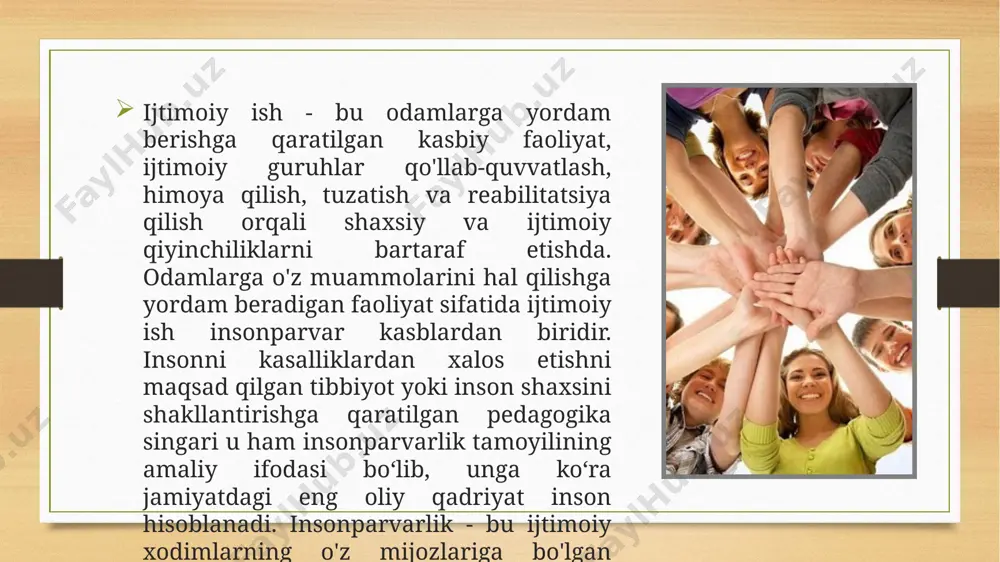 alarga xizmat koʻrsa-tish, bolalarga gʻamxoʻrlik qilish koʻri-nishida amalga oshiriladi. mehnatga layoqatsizlarni moddiy taʼminlashning qatiy kafolatli tizimi ijtimoiy sugʻurta deb ataladi. e’tiboringiz uchun rahmat image5.png image6.png image7.jpg image8.jfif image9.png image10.jpg image3.png image4.png /docprops/thumbnail.jpeg