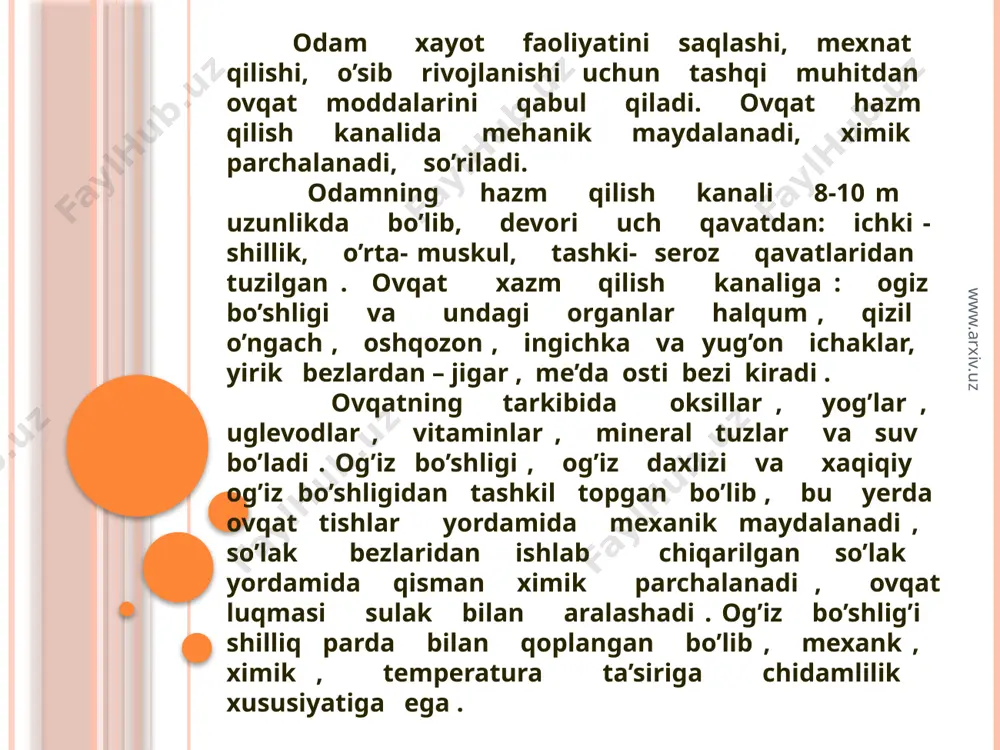 6-7 yoshdan boshlab doimiy tishlar bilan o’rin almashiniladi. bolaning 7 yoshida birinchi katta oziq tishi , 8 yoshida birinchi kichik oziq tishi , 13-16 yoshida katta og’iz tishi , 11-15 yoshida ikkinchi oziq tishlar , 18-30 yoshida uchinchi oziq tishlar chiqadi . bolalarning sut tishlari doimiy tishlar bilan almashinish davrida tishlarni parvarish qilishni o’rgatish lozim . uxlashdan avval tishlarni cho’tka va poroshok bilan tozalash , ovqatlangandan so’ng og’izni iliq sovuq suv bilan chaykash zarur . bolalar juda sovuq yoki juda issiq ovqatlarni iste’mol qilishi , tishi bilan qattik narsalarni maydalashi mumkin emas . bolalarda ovqat chaynashib davomligigi avval uzoqroq bo’sa, so’ng kamaya boradi . bolalarning 11-12 yoshida ovqat moddalariga bir sutkada 200 sm , ovqatdan tashqari vaqtida 400-600 sm -3 ajraladi . bu so’lak tarkibida ptalin fermentining konsentrasiasi yuqori bo’ladi . 2 yoshdan 15 yoshgacha so’lakning tarkibida oqsil mikdori ortib boradi . www.arxiv.uz www.arxiv.uz ovqatning oshqozonda hazm bo’lishi oshqozon ovqat …