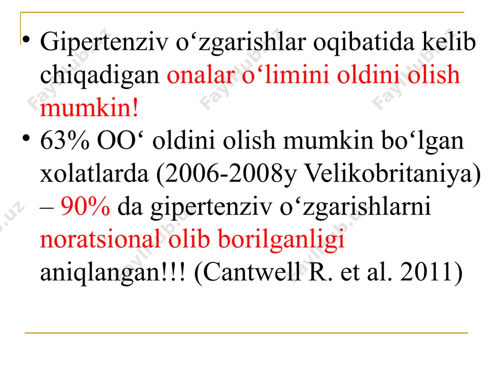 o boʻlgandan sung 24 soat ichida → tugʻdirib olish lozim eklampsiyada tirishish xurujidan soʻng 12 soat ichida →tugʻdirish kerak!!! аgar kursatilgan vaqt ichida qin orqali tugʻruq sodir bulmasa, kesar kesish amaliyoti bajariladi (eklampsiya). аgar homila yurak urishi 1 daqiqada 180 zarba boʻlsa → kesar kesish! ogʻir preeklampsiya – birinchi yordam 1a birlamchi tibbiy sanitariya muassasida: preeklampsiyaning og`irlik darajasini baholash: aqb, es-hushi, bosh og`rig`i, talvasalar, nafas qisilishi, qorinda og`riq, qon ketishi, homila yurak urishi; og`ir preeklampsiyada v/i.ga 16ml 25% vena ichida 10 daqiqa ichida magniy sulfat so`ng sistema orqali 100ml magniy sulfat+400 ml 0,9% natriy xlor eritmasida , daqiqasiga 7 tomchidan; saqb 150 va/yoki daqb 100mm.sm.ust.ga ko`tarilganda metildopa, nifedipin bilan gipotenziv davoni boshlang; tez tibbiy yordan shifokorlari preeklampsiya/eklampsiya bilan kasallangan ayolni olib kelayotganda tug`ruqxona hodimlarini xabardor qilishlari kerak. headaches, elevated blood pressure and convulsions 26 magniy sulfat(25% mgso4) zuspan usuli (v/i): yuklama doza: 10-15 min davomida v/i mgso4 25%-16,0 ml + …