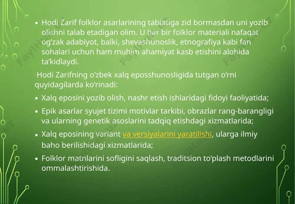 g asarlarida xalqlarning bir-biridan o`rganish, o`zlashtirishi qandaydir oddiy, mexanik po­lisa sifatida emas, balki murakkab ijodiy jarayon tariqasida tahlil etiladi. bular qayd etilishi zarur bulgan hodi zarif tekshirishiga xos xarakterli momentlardir e’tiboringiz uchun rahmat !!! image3.jpeg image4.png image5.jpeg image6.png image2.png
