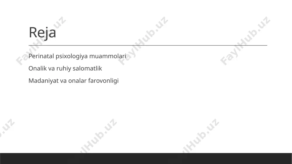 lishlar taklif etadi, bu ruhiy salomatlikni yaxshilaydi. ijtimoiy qo'llab-quvvatlash madaniyat, ijtimoiy tarmoq va qo'llab-quvvatlash tizimlarini shakllantiradi, bu onalarning stressni engishida va ruhiy salomatlikni saqlashda muhim ahamiyatga ega. zamonaviy talablarga moslashish o'zbek madaniyatidagi zamonaviy o'zgarishlar, onalarning psixologik ehtiyojlarini qondirishda yangi yondashuvlar va resurslarni keltirib chiqaradi, bu esa ularning farovonligini oshiradi. onalik davrida ruhiy salomatlikning ahamiyati va o'ziga xos xususiyatlari. 1 ruhiy salomatlik ahamiyati onalik davrida ruhiy salomatlik, onaning farovonligini ta'minlaydi, bolaning rivojlanishiga ijobiy ta'sir qiladi va oilada umumiy muhitni yaxshilaydi. 2 o'ziga xos xususiyatlar onalik davrida ruhiy holat o'zgaruvchan bo'lib, stress, depressiya va tashvish kabi muammolar paydo bo'lishi mumkin, bu esa onaning hissiy holatiga ta'sir qiladi. 3 qo'llab-quvvatlash tizimi onalar uchun ruhiy salomatlikni mustahkamlashda do'stlar, oilaviy qo'llab-quvvatlash va psixologik xizmatlar muhim rol o'ynaydi, bu esa ularning ruhiy holatini yaxshilaydi. onalar uchun stress va uning ruhiy salomatlikka ta'siri. 1 stress manbalari - onalar stressi ko'pincha bolaga g'amxo'rlik, ish va oilaviy mas'uliyatlardan kelib …