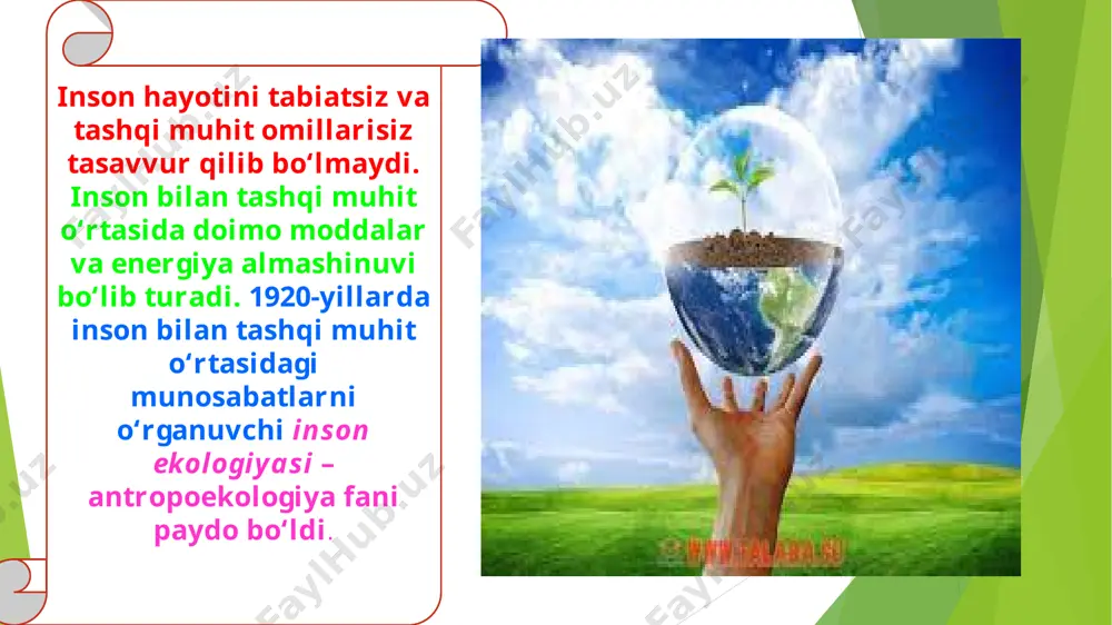 kanligidir. inson o‘z atrofida sun’iy muhit yarata olishi ham uni boshqa ekologik omillardan ajratib turadi. antropoekologik sistemalarda inson va tabiiy muhit o‘rtasidagi o‘zaro ta’siri quyidagi yo‘nalishlarda amalga oshiriladi: 2. inson tabiat qonunlarini o‘rganib, o‘z ehtiyojlarini qondirish maqsadida atrof-muhitni ongli ravishda o‘zgartiradi. 1. inson tabiiy boylik va ne’matlardan foydalanishi orqali rivojlanadi, shuningdek, jamoaning biologik va ijtimoiy ko‘rsatkichlari o‘zgaradi. insonlarning ekologik muhitga moslanishlari. adaptiv tiplar. adaptiv tip – ma’lum muhit sharoitiga moslanishni ta’minlovchi morfologik, fiziologik, biokimyoviy belgilar majmuasining rivojlanishini belgilovchi reaksiya normasidir. reaksiya normasi qancha keng bo‘lsa, moslanishlar ham shuncha yaxshi bo‘ladi. bu moslanishlar o‘zgaruvchanlikka bog‘liq. adaptiv tiplar irqlarga bog‘liq emas. ularga xos belgilar embrional rivojlanish davridayoq namoyon bo‘la boshlaydi. har xil iqlimli hududlarda yashovchi xalqlarning ovqatlanishida ham farq mavjud. shu tufayli ularning hazm fermentlari sintezi, ajratilishida o‘ziga xos moslanishlar mavjud. arktik adaptiv tip. sovuq iqlim va ko‘proq hayvon mahsulotlari bilan oziqlanish sharoitida shakllanadi. arktika xalqlari orasida ham o‘simliklar tarkibidagi c vitaminini …
