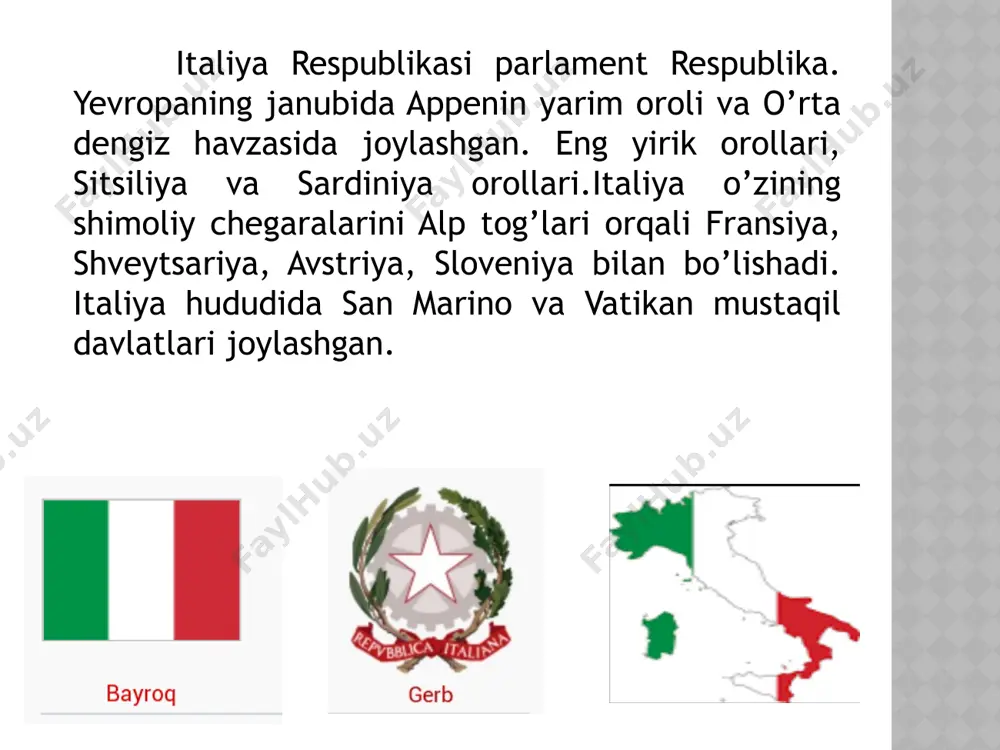 sariq gul nafrat va xasat belgisidir. italyanlar sovg’alarga juda katta e’tibor berishadi. yuqori sifatli sovg’alar: yaxshi shokolad, yuqori darajagi vino. italyanlar tanavvul qilishni xush ko’rishadi. vino olgandan keyin vinoga mos desert ham olish kerak. agarda siz bergan sovg’ani bir chekkaga olib qo’yishsa xurmatsizlik belgisi bo’ladi bu odobsizlik belgisi. agar sovg’ani o’sha zaxoti ochib minnatdorchilik bildirsa, sovg’a yoqqanligidan darak beradi. sovg’ani qora rangli qilib uralmaydi. qora rang taziya va yomon kunlar uchun xosdir. qizil gul muhabbat belgisi. sevishganlar qizil gul taqdim qilishadi. mexmonga borganda qizil gul olib borilsa sevgi isxorini bildiradi. firma brendi bor bo’lgan maxsus suvenirlar italyanlar xush ko’rishadi. taklif qilmoq: taklif qilganda ko’pncha qo’l yozma xatlarga amal qilishadi. xat yozganlarida ingliz tilida yozilgan bo’lsada, italyan tilida javob yozish mumkin. taklif qilingan mexmonlarga mezmon tezda e’tibor qaratish kerak. chetda turib o’zini olib qochish nohurmatlik belgisi sanaladi. bayramlarda taklif qilganlarida odatiy ya’ni har kunlik kiyimda borish xush ko’riladi. dabdabalik xush ko’rilmaydi. …