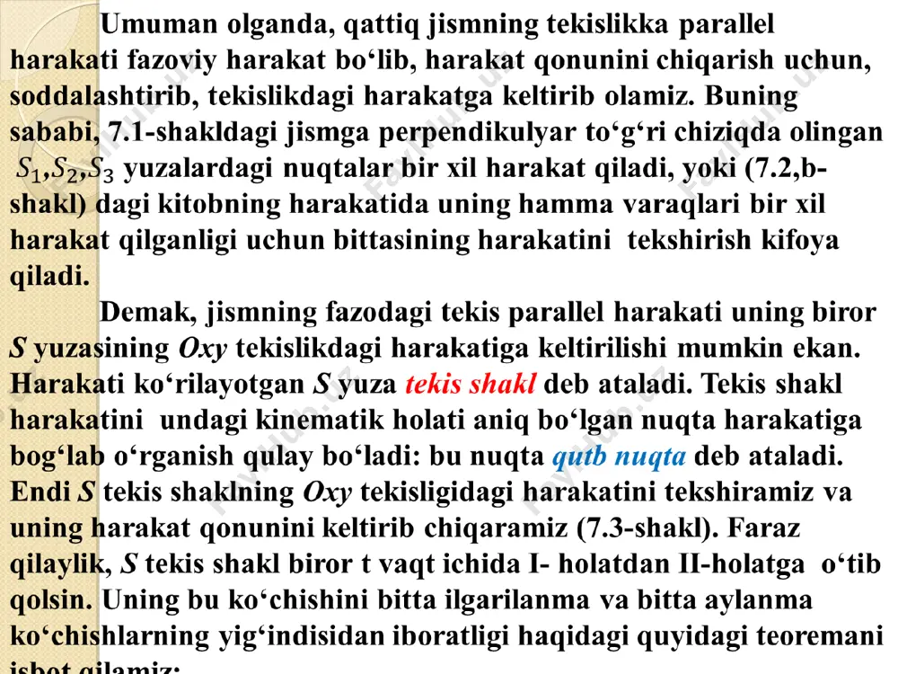 sala: qiya tekislik bo‘ylab sirpanmasdan dumalayotgan pog‘onali g‘ildirakning radiuslari r1=0,6m va r2=0,5m bo‘lib (3.34-shakl), a nuqtasining tezligi va=2m/sek bo‘lsa, b nuqtasining tezligini aniqlang. yechish: tezliklar oniy markazini aniqlashning 1-usuliga asosan, pogʻonali gildirak va tekislikning tegishib turgan p nuqtasi oniy markaz boʻladi (3.35-shakl): son qiymatlarini qoʻyib, noma’lumlarni aniqlaymiz: 2-masala. krivoship-polzunli mexanizmning oa krivoshipi 12 rad/sek burchakli tezlik bilan aylanadi. agar mexanizmning oʻlchamlari va holati berilgan boʻlsa (3.36-shakl), ab shatunning burchakli tezligi va b polzunning tezligi topilsin. yechish: 1)proyeksiyalar usuli. a nuqta o markaz atrofida aylanma harakat qilganligi uchun uning tezligi oa krivoshipga perpendikulyar, ya’ni aylanaga urinma yoʻnalgan (3.37-shakl). uning qiymati esa (3.59) ifodaga asosan, a va b nuqta tezlik vektorlarining ab dan oʻtgan oʻqqa proyeksiyalari oʻzaro teng, ya’ni yoki bundan va son qiymatlarini qoʻyib, demak , aa xy j