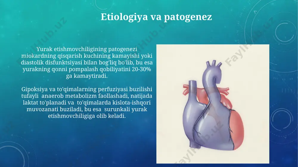 g 40% dan past bo'lishi diastolik disfunksiyani ko'rsatishi mumkin. yurak etishmovchiligining og'irlik darajasini aniqlash uchun nyha (new york heart association) klassifikatsiyasi qo'llaniladi, bu esa bemorning jismoniy faoliyatiga bo'lgan toqatliligi darajasini 1 dan 4 gacha bo'lgan ballar bilan baholaydi. dori-darmonli terapiya ace inhibitörlari va beta-blokerlar kabi dori-darmonlar yurak yetishmovchiligi bo‘yicha klinik ko‘rsatmalarga muvofiq 5-10% ga o‘lim xavfini pasaytirishi mumkin. dori-darmonli terapiya yurak yetishmovchiligining 1-3-darajali og‘irlik darajalarida simptomatik davolash uchun qo‘llaniladi va bemorning hayot sifatini 20-30% ga yaxshilashga yordam beradi. oldini olish oldini olish choralariga gipertenziyani nazorat qilish, ya'ni qon bosimini 120/80 mm hg dan past saqlash, shuningdek, sog'lom turmush tarzini o'rnatish kiradi. yurak yetishmovchiligining 2-3-darajali og'ir shakllarida oldini olish uchun bemorlarga 5-10 mg lizinopril kabi ace inhibitörlarini muntazam qabul qilish tavsiya etiladi. davolashning umumiy printsiplari bemorlarning 80% da diuretiklar, ace inhibitörlari va beta-blokerlar kabi dori-darmonlarni qo'llash bilan klinik holatini yaxshilash mumkin, bu esa kasallikning progressiyasini sekinlashtiradi va hayot sifatini oshiradi. surunkali …