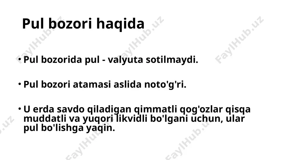 ori bo'sh turgan mablag'larni investitsiyalash va bu imkoniyatni kamaytirish imkonini beradi. ortiqcha pulni ushlab turish investor uchun qimmatga tushadi, chunki pul qoldiqlari egasi uchun daromad keltirmaydi. bo'sh turgan naqd pul yo'qotilgan foizli daromad bo'yicha imkoniyat xarajatlarini ifodalaydi. pul bozori qimmatli qog'ozlarini sotuvchilarga vaqtinchalik mablag'larning arzon manbasini ta'minlaydilar. davlat soliq tushumlari, odatda, faqat yilning ma'lum vaqtlarida keladi, lekin xarajatlar butun yil davomida sarflanadi. hukumat soliq tushumlarini olganda qaytaradigan qisqa muddatli mablag'larni qarzga olishi mumkin. korxonalar har xil vaqtda daromad va xarajatlar bilan bog'liq muammolarga duch kelishadi. pul bozori bu muammolarni hal qilishning samarali va arzon usulini taklif etadi. pul bozori instrumentlari g'aznachilik veksellari hukumatning pullari tugagan bo'lsa ham, ular yetuk bo'lganda ularni qaytarib olish qisqa muddatli to'lov muddati tufayli inflyatsiyaning kutilmagan o'zgarishi xavfi ham past g'aznachilik veksellari bozori juda chuqur va likvid. chuqur bozor - bu har xil xaridor va sotuvchilar. likvidli bozor - bu qimmatli qog'ozlarni tez va past tranzaktsion …