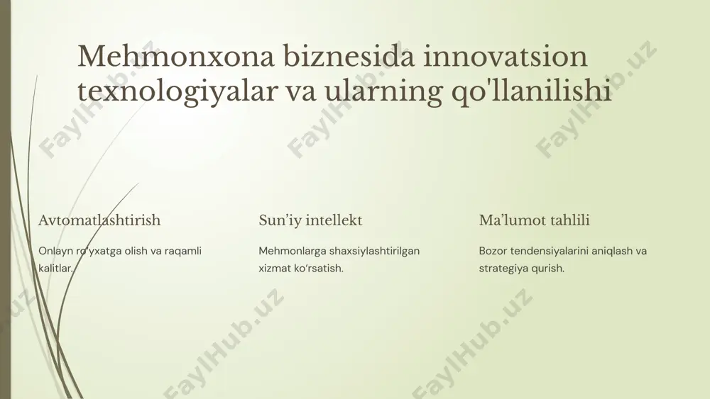 texnoparklar va inkubatorlar yangi g‘oyalar uchun ijobiy muhit yaratish. 4 hamkorlikni kengaytirish ochilmagan tarmoqlar va tashkilotlar o‘rtasida integratsiya. innovatsiyalarni rag'batlantirishning samarali mexanizmlari moliyaviy imtiyozlar solih preferensiyalar va grant dasturlari. qonunchilikni soddalashtirish ijodkorlik va ilm-fan uchun qulay muhit yaratish. ta'lim va treninglar innovatorlarni malakasini oshirish. innovatsion tarmoqlar hamkorlik va tajriba almashinuvini rivojlantirish. mehmonxona biznesida innovatsion jarayonlarning rivojlanish tarixi mehmonxona industriyasining evolyutsiyasi innovatsiyalar bilan bog‘liq. bu taqdimotda ularning tarixiy rivojlanishini ko‘rib chiqamiz. dastlabki innovatsiyalar va ularning sabablari sanitar va gigiyena standartlari sog‘liq va xavfsizlik talablarini oshirish maqsadida amalga oshirildi. energiya va issiqlik tizimlari quvurlar va issiqlik sektori zamonaviylashdi, mehmonlar uchun qulaylik oshdi. rezervatsiya tizimlari qog'oz asosidagi tizimlardan telefon orqali buyurtmaga o'tish boshlandi. xx asr o'rtalaridagi inqiloblar texnologik yutuqlar telefon aloqalari xonalar bilan bog‘landi havo sovutish tizimi joriy qilindi elektron xavfsizlik tizimlari paydo bo‘ldi xizmat ko‘rsatish jarayonlari 24/7 xizmat ko‘rsatish standarti shakllandi restoran va boshqa xizmatlar integratsiyasi kuchaydi professionalizatsiya darajasi oshdi zamonaviy raqamli …