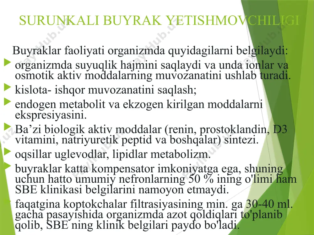 si buziladi, natijada qon ketishi vaqti oshib, ekhimoz, qon talashlar va ichki qon ketishlar yuzaga chiqadi. asab tizimining zararlanishi. periferik polineyropatiyalar tez avj olib, u paresteziya, oyoqlarining “kuyish” kabilarda namoyon bo'ladi. keyinchalik esa mushaklarda bo'shashishi, mushaklar qo'llar titrog'i, oyoqlarda qaltirashlar, hotiraning susayishi, uyquning buzilishi, o'tkir psihoz, epileksiyasimon tutqanoqlar, kam rivojlanadi. klinikasi yurak- qon tomir va o'pkalarning zararlanishi. sbe ning eng ko'p uchraydigan belgisi bu arterial gipertoniya bo'lib, u “havfli”- ensefalopatiya, qaltroqlar hurujlari, ko'z tubiga qon quyilishi va ko'z nervining shishi bilan kechadi. sbe ning so'nggi bosqichlarida kardiomiopatiya rivojlanib, uning asosini yurakning zo'riqishi, gipertoniya gipervolimiya, anemiya, asidoz, elektrolitlar buzilishi tashkil etadi. klinik belgilari sifatida ritm buzilishlari va yurak yetishmovchiligi ko'rinishlari rivojlanadi. shuningdek, havfli asoratlardan biri sifatida gemorragik, perikardit (yurak tamponadasi, qon etishmovchiligiga sabab bo'ladi), o'pka shishi hisoblanadi. rentgenologik o'pka shishi “kapalak qanotlari” shaklida namoyon bo'ladi, bu o'pka ildizi tomirlarda qonning dimlanishini ko'rsatadi. klinikasi hazm qilish traktining buzilishi. deyarli hamma bemorlarda dispeptik …