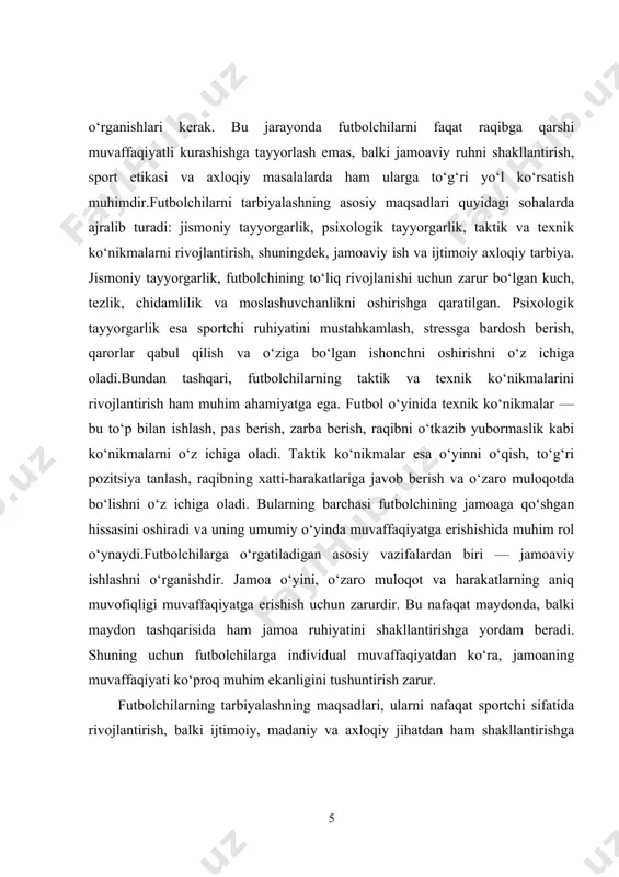 iy rollarini qabul qilishini, shuningdek, yangi faoliyat turlarini topishini talab qiladi. shuning uchun, futbolchilarni nafaqat sport sohasida, balki ularning hayotining boshqa jabhalarida ham tarbiyalash muhimdir. ularning sportdan tashqari ko‘nikmalarini rivojlantirish, ularning post-sport hayotiga tayyorlanishiga yordam beradi.futbolchilarni tarbiyalashda pedagogik yondashuvlarning samaradorligi, ularning ehtiyojlari, xususiyatlari va salohiyatlarini to‘g‘ri baholashga bog‘liqdir. har bir futbolchining individual o‘ziga xosligi va imkoniyatlarini inobatga olish, ularni nafaqat jismoniy, balki psixologik jihatdan ham rivojlantirish zarur. shunday qilib, futbolchilarni tarbiyalashning asosiy maqsadi — ularning har tomonlama rivojlanishini ta'minlash va o‘yinchi sifatida o‘zlarini eng yaxshi tarzda ko‘rsatishlariga imkon yaratishdir. bu esa, o‘z navbatida, jamoaning umumiy muvaffaqiyatiga katta hissa qo‘shadi.futbolchilarni tarbiyalashda zamonaviy pedagogik texnologiyalar, metodlar va uslublar qo‘llanilishi zarur. bu usullar futbolchilarning sportga qiziqishini yanada oshiradi, ularni o‘yinni yanada qiziqarli va samarali tarzda o‘rganishga undaydi. treninglar jarayonida innovatsion metodlardan foydalanish, futbolchilarning harakatlarini va reaksiyalarini tez va samarali o‘zgartirishga imkon beradi. shu bilan birga, futbolchilarning tarbiyalash jarayonida murabbiylarning roli juda katta. murabbiylar …