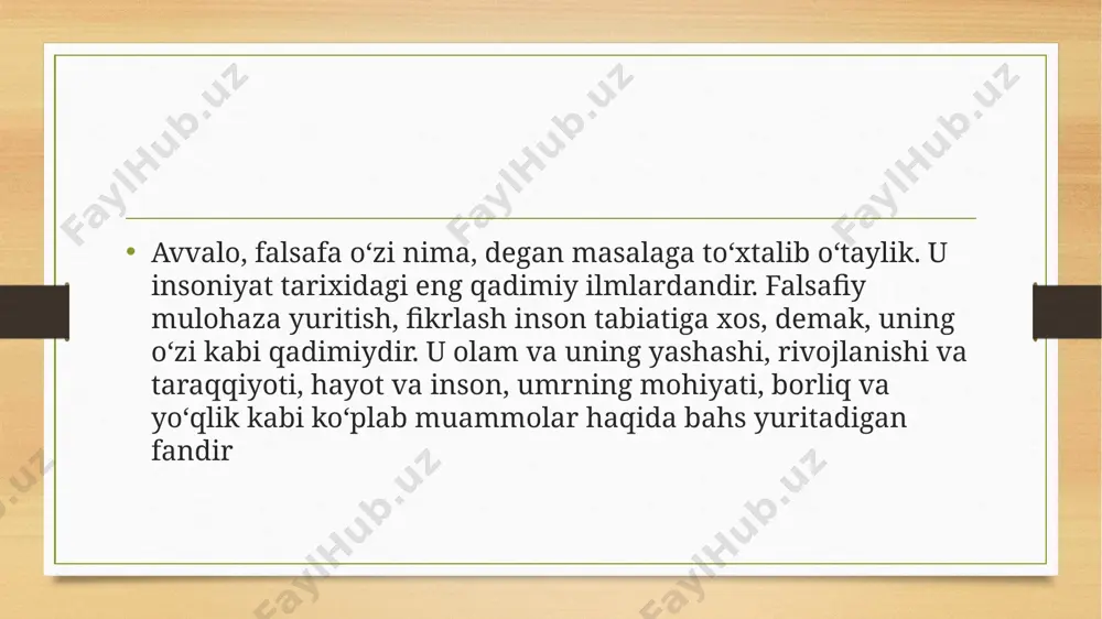 etish — boshqa gap. shu ma’noda, bizda qadim zamonlarda faylasuf deganda, ko‘pdan-ko‘p ilm sohalarini egallagan, ustoz va muallim sifatida shuhrat qozongan alloma va mutafakkir kishilar tushunilgan. xix asr nemis qadriyatshunosi i. rikkert ham shunga o‘xshash fikrni quyidagicha bayon qilgan: «odamzod olam va odam hamda hayotning qadrini anglab, ular omonat bir narsa ekanini tushuna boshlagan davrlardan falsafiy fikrlashga kirishgan. binobarin, birinchi faylasuf, kim bo‘lganidan qat’i nazar, hayotni qadrlaydigan kishi bo‘lgani shubhasiz». falsafa, avvalo, muayyan ilmiy bilimlar tizimidir. u, bir tomondan, insonning voqelikni aql vositasida idrok etishi, ikkinchi tomondan, ongning afsona va rivoyatlar asosidagi shakllardan uzil-kesil ajralish jarayoni natijasidir. bu ikki jihat bir-biri bilan uzviy bog‘liq. chunki behuda xayolparastlik, havoyi va afsonaviy fikrlash tarzidan xalos bo‘lish ilmiy bilimlarni egallash orqali ro‘y beradi. eng muhimi, falsafa kundalik turmushda uchrab turadigan eskilik asoratlari, bid’at va cheklanishlarga muxolif bo‘lgan hurfikrlikdir. falsafa aynan ana shunday yangi dunyoqarashning shakllanishi uchun asos bo‘ldi. «falsafa» atamasi «filosofiya»ning sharq ijtimoiy …