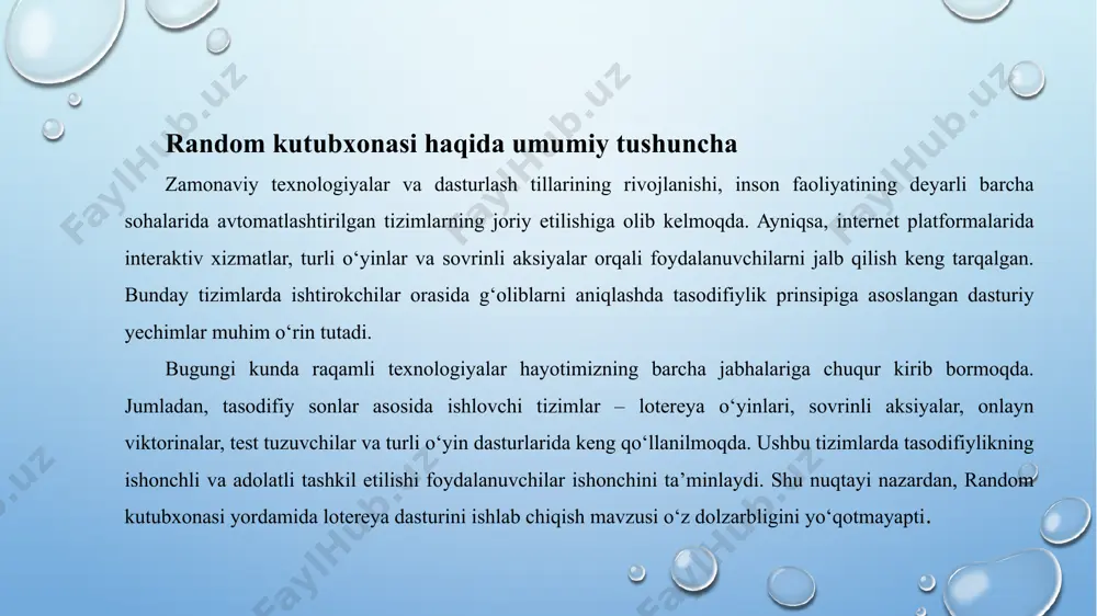 7 3. uniform(a, b) a va b oralig’idagi tasodifiy float son qaytaradi. print(random.uniform(1.5, 5.5)) # masalan: 3.72 4. choice(sequence) berilgan ro’yxatdan (yoki boshqa ketma-ketlikdan) bitta tasodifiy elementni tanlaydi. names = [‘ali’, ‘vali’, ‘sami’] print(random.choice(names)) # masalan: vali 5. shuffle(list) ro’yxat elementlarini joyini tasodifiy almashtiradi (in-place). random kutubxonasi yordamida lotereya dasturi lotereya tizimlari — bu tasodifiy sonlar asosida gʻoliblarni aniqlaydigan va asosan yutuqlar orqali odamlarni jalb qiladigan o’yin tizimlaridir. ular ko’p hollarda hukumatlar yoki ruxsat etilgan tashkilotlar tomonidan tartibga solinadi va ko’pincha ijtimoiy, iqtisodiy yoki xayriya maqsadlariga xizmat qiladi. quyida lotereya tizimlari haqida keng va chuqur ma’lumot keltirilgan. lotereya nima? lotereya — bu qatnashchilar pul to’lab, o’zlariga bilet yoki ishtirok huquqini sotib oladigan, g’olib esa tasodifiy tanlov orqali aniqlanadigan o’yin turidir. asosiy elementlari: chipta (bilet): qatnashchilar pul evaziga sotib oladi. tasodifiy tanlov: kompyuter, qur’a tashlash yoki boshqa algoritmlar yordamida o’tkaziladi. yutuq: pul, avtomobil, uy, texnika yoki boshqa mukofotlar. tashkilotchi: hukumat, xususiy …