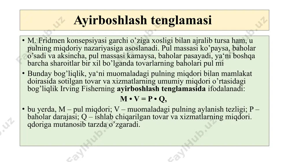 di. 1979 yilda pol volker fed raisi bo'lgach, inflyatsiyaga qarshi kurashni markaziy bankning asosiy maqsadi qilib qo'ydi. fridman va shvartsning tavsiyalariga amal qilgan holda, volker buni amalga oshirish uchun pul taklifini chekladi. u 1980 yilda federal mablag'lar stavkasini 20% ga ko'tardi. bu vaqtda stagflyatsiyaga qarshi kurash strategiyasi - yuqori inflyatsiya holati va yuqori ishsizlik va turg'un talab - muvaffaqiyatli bo'ldi. volkerning siyosati pul taklifini keskin kamaytirdi, iste'molchilar shunchalik xarid qilishni to'xtatdi va korxonalar narxlarni oshirishni to'xtatdi. biroq, bu inflyatsiyaning keskin pasayishiga olib kelgan bo'lsa-da, 1980 va 1982 yillar oralig'ida retsessiya davrlarini keltirib chiqardi. e’tiboringiz uchun rahmat! image1.jpeg image2.jpeg image3.jpeg image4.jpeg image5.jpeg image6.jpeg image7.jpeg image8.jpeg image9.png image10.jpeg image11.jpeg image12.jpeg /docprops/thumbnail.jpeg