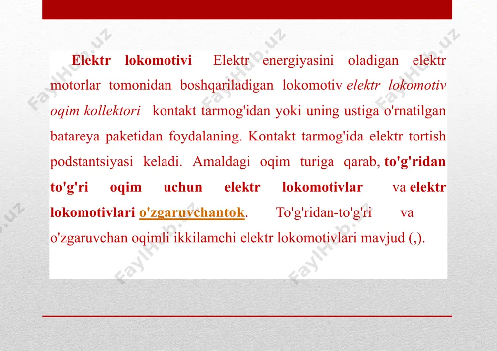 i bor. ikkita aravachalar bilan har birida to'rtta g'ildirak juftliklari (sakkiz-aksli va o'n ikki o'qli elektr lokomotivlar) va to'rt va olti vagonli uch g'ildirakli g'ildiraklar (oltitali elektr lokomotivlar) o'rnatildi. trolleyli konstruktsiyali shashka va aks qutilari g'ildirak juftlari bilan bog'liq. buloqlar tufayli elektr lokomotivlarning yo'lda ta'siri kamayadi, lokomotiv uskunalari kamroq qo'llaniladi, chunki bo'g'imlarning o'tishida va yo'lning tengsizligida ta'sir kuchlari kamayadi. elektr lokomotivlarining g'ildiraklari (masalan, elektr poezdlar) traktsiya deb nomlangan dvigatellar tomonidan boshqariladi. dvigatellarning millerlari tishli qutilar-reduktorlar tomonidan g'ildirak to'siqlarining oqlari bilan bog'langan. quvvatli motorlar bilan ishlaydigan g'ildirak juftlariga haydash deyiladi. yog 'aylanishi trubkasida elektr kontaktli oqim klapan mavjud. yog 'to'g'ri aylanayotganda, o'rni kontaktlari yopiq qoladi. bu asosiyni o'chirib qo'yadiavtomatikkalitlokomotiv. shunday qilib, transformator himoyalangan. transformator yog 'sovutgichi bu radiatordan atmosferaga issiqlikni yo'q qiladi. oqim detektori diafragma turi qurilmadir. havo oqimi elektr aloqani yopadigan diafragmani bosadi. transformator va sovutish uskunalari. yo'naltiruvchi qurilmaning yordamchi qurilmalari tekshirish moslamasi birliklari uchun bir fan taqdim etiladi. yo'naltiruvchi …