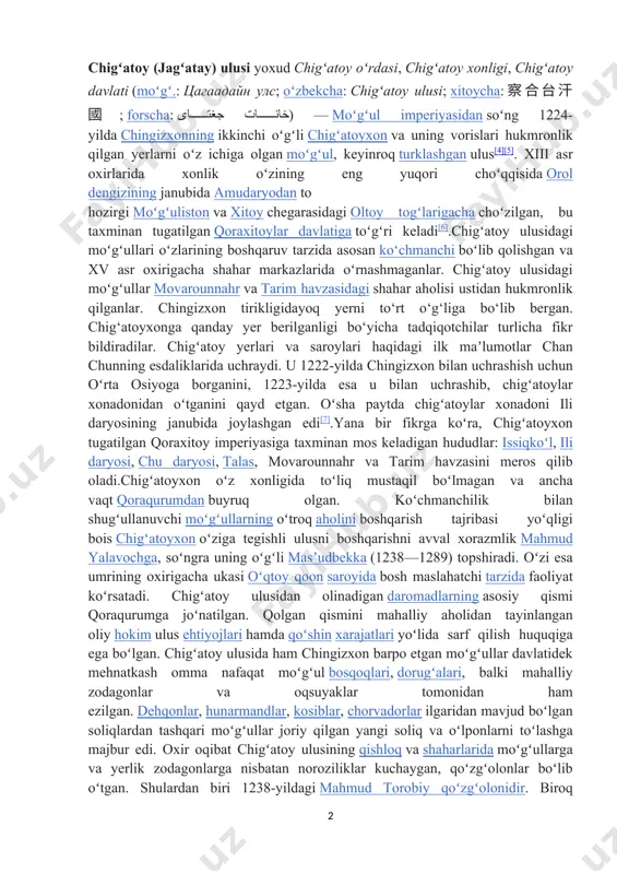 hmanchilik bilan shugʻullanuvchi moʻgʻullarning oʻtroq aholini boshqarish tajribasi yoʻqligi bois chigʻatoyxon oʻziga tegishli ulusni boshqarishni avval xorazmlik mahmud yalavochga, soʻngra uning oʻgʻli masʼudbekka (1238—1289) topshiradi. oʻzi esa umrining oxirigacha ukasi oʻqtoy qoon saroyida bosh maslahatchi tarzida faoliyat koʻrsatadi. chigʻatoy ulusidan olinadigan daromadlarning asosiy qismi qoraqurumga joʻnatilgan. qolgan qismini mahalliy aholidan tayinlangan oliy hokim ulus ehtiyojlari hamda qoʻshin xarajatlari yoʻlida sarf qilish huquqiga ega boʻlgan. chigʻatoy ulusida ham chingizxon barpo etgan moʻgʻullar davlatidek mehnatkash omma nafaqat moʻgʻul bosqoqlari, dorugʻalari, balki mahalliy zodagonlar va oqsuyaklar tomonidan ham ezilgan. dehqonlar, hunarmandlar, kosiblar, chorvadorlar ilgaridan mavjud boʻlgan soliqlardan tashqari moʻgʻullar joriy qilgan yangi soliq va oʻlponlarni toʻlashga majbur edi. oxir oqibat chigʻatoy ulusining qishloq va shaharlarida moʻgʻullarga va yerlik zodagonlarga nisbatan noroziliklar kuchaygan, qoʻzgʻolonlar boʻlib oʻtgan. shulardan biri 1238-yildagi mahmud torobiy qoʻzgʻolonidir. biroq masʼudbek qoʻzgʻolonni bostirib, xalqni moʻgʻul qasosidan qutqardi. chigʻatoyxon 1242-yilda vafot etadi va uning oʻrniga nabirasi qorahuloku oʻtiradi, chunki uning otasi mutukan …