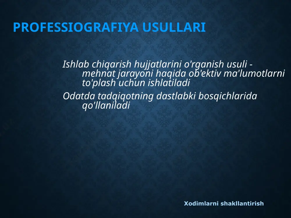 hqa xususiyatlarning etarlicha batafsil ro'yxati bo'lgan so'rovnomalar yordamida kasbiy ahamiyatga ega xususiyatlarni ekspert baholash. xodimlarni shakllantirish professiogramma v.r.vesnin bo'yicha professiogramma sxemasi: - kasbning umumiy tavsifi va uning ahamiyati - mehnat jarayonining xususiyatlari, bajarilgan ishlarning tavsifi - kasb psixogrammasi - xodimning shaxsiyati, ishbilarmonlik va kasbiy fazilatlariga qo'yiladigan talablar majmui xodimlarni shakllantirish professiogramma psixogrammada ijrochiga faoliyat tomonidan qo'yiladigan talablar ro'yxati va ijrochining professional muhim fazilatlari (pvk) ro'yxati mavjud. pvk - bu "kasbni muvaffaqiyatli yakunlash imkoniyatini yaratadigan barqaror shaxsiy fazilatlar tizimi" xodimlarni shakllantirish v.r.vesninga ko'ra psixogrammaning mazmuni maksimal yuk ostida bo'lgan va ish uchun eng katta ahamiyatga ega bo'lgan psixologik funktsiyalar makon va vaqtni idrok etish xususiyatlari turli davrlarda ish dinamikasi va intensivligining xususiyatlari diqqatning zaruriy xususiyatlari va uni tashkil etish usullari operatsiyalarning aniqligi, murakkabligi, sur'ati, ritmi xususiyatlari ushbu turdagi faoliyatda imtiyozli sozlamalar (tezlik, ishonchlilik va boshqalar) mehnat va kasbiy ko'nikmalarni shakllantirish va o'zgartirishning talab qilinadigan tezligi v.r.vesninga ko'ra psixogrammaning mazmuni ma'lumotni yodlashning …