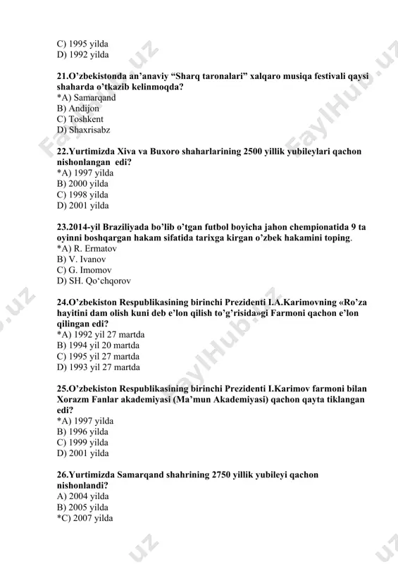 ) 36 moddasida 35.toshkent shahridagi turin politexnika universiteti qaysi mamlakat bilan hamkorlikda tashkil etilgan? *a) italiya b) buyuk britaniya c) fransiya d) aqsh 36.1992 yili qoraqalpog‘iston ilm-fani tarixida qanday muhim voqea sodir bo‘ldi? *a) o‘zbekiston respublikasi fanlar akademiyasining qoraqalpog‘iston bo‘limi tashkil etildi b) botanika bog‘i tashkil etildi c) sholining ertapishar va hosildor navi yaratildi d) uchta yangi institut tashkil etildi. 37.o‘zbekiston respubikasi prezidenti sh.m.mirziyoyev qachon bmt bosh assambleyasining 72-sessiyasida nutq so‘zlagan edi? a) 2016 yil 15 sentabrda *b) 2017 yil 19 sentabrda c) 2017 yil 7 fevralda d) 2019 yil 5 martda 38.1996 yil 17 aprelda prezident farmoni bilan ... *a) “kamolot” jamg‘armasi tuzildi. b) yoshlar ittifoqi tuzildi. c) yoshlar ijtimoiy harakati tuzildi d) bmtning yoshlar huquqlari to‘g‘risidagi xalqaro konvensiyasi tuzildi. 39.2001 yil 25 aprelda ... *a) “kamolot” jamg‘armasi yoshlar ijtimoiy harakatiga aylantirildi. b) yoshlar ittifoqi tuzildi. c) yoshlar ijtimoiy harakati tuzildi d) bmtning yoshlar huquqlari to‘g‘risidagi xalqaro konvensiyasi tuzildi. …
