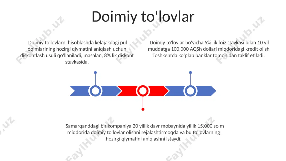 bugungi kunda 5 yildan keyin 1200 aqsh dollaridan ko'proq qiymatga ega bo'ladi, chunki inflyatsiya va boshqa iqtisodiy omillar hisobga olinadi. moliyaviy qarorlar qabul qilishda tvm samarqanddagi bir loyihaga 2023 yilda 5 million so'm sarmoya kiritish va 3 yildan keyin 7 million so'm daromad olishning foydaliligini baholashda tvm yordamida kelajakdagi pul oqimlarining hozirgi qiymatini aniqlash mumkin. tvm, o'zbekistonning kichik biznesida, 2024 yilda rejalashtirilgan 15% investitsiya daromadini hisoblashda, turli investitsiya variantlarini taqqoslash uchun muhim ahamiyatga ega. moliyaviy qarorlarni qabul qilishda, masalan, toshkentda 10% lik foiz stavkasi bilan 5 yil muddatga 10.000.000 so'm kredit olish yoki darhol 8.000.000 so'm to'lash tvm prinsipi asosida tahlil qilinishi kerak. tvmning amaliy qo'llanilishi o'zbekistonning qishloq xo'jaligida 5 yillik muddatga mo'ljallangan 100 million so'mlik investitsiya loyihasining ichki daromad stavkasini (irr) hisoblashda tvm konsepsiyasi qo'llanilib, loyihaning rentabelligini aniqlashga imkon beradi. toshkentdagi banklar 10% dan 15% gacha bo'lgan foiz stavkalari bilan kreditlar taqdim etib, tvm prinsipini qo'llaydilar, bu esa kelajakdagi …