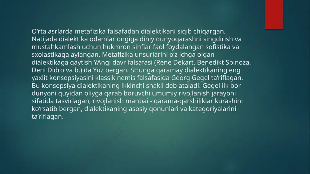 or. inkorni-inkor qonuni nima, uning mohiyati nimadan iborat? «inkor» va «inkorni-inkor» kategoriyalari dialektikaga gegel tomonidan kiritilgan bo‘lib, ayni shu mutafakkirning sa’y-harakatlari bilan ular umumiy falsafiy kategoriyalar maqomini olgan. inkor va inkorni-inkor kategoriyalaridan gegel rivojlanishning o‘ziga xos xususiyatlarini yoritish vositasi sifatida foydalangan. . “kategoriya” so‘zi qadimga yunon tilidan olingan bo‘lib: «izohlash», «tushuntirish», «ko‘rsatish», degan ma’nolarni anglatadi. uning mazmunidagi bunday xilma-xillik qadimga davrlardanoq ilmiy tadqiqot yo‘nalishiga aylangan. falsafa tarixida ularni birinchi bo‘lib, arastu ta’riflab bergan. u o‘zining «kategoriyalar» degan asarida ularni ob’ektiv voqelikning umumlashgan in’kosi sifatida qarab, turg‘umlashtirishga harakat qilin. xususan, uningcha quyidagi kategoriyalar mavjud: «mohiyat» (substansiya), «miqdor», «sifat», «munosabat», «o‘rin», «vaqt», «holat», «mavqe», «harakat», «azob-uqubat». bu turg‘umlashtirish, o‘z vaqtida ilmiy bilishda juda katta ahamiyatga ega bo‘lgan. keyinchalik arastu «metafizika» asarida «mohiyat», «holat» va «munosabat» kategoriyalarini ham izohlagan. xvii-xix asrlarga kelib, falsafiy kategoriyalar tahlilida yangi davr vujudga keldi. xususan, i. kant qarashlarida kategoriyalar «sifat» (reallik, inkor, chegaralash), «miqdor» (birlik, ko‘plik, yaxlitlik), «munosabat» …