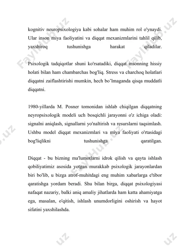 a, ixtiyoriy diqqat ishtirok etadi. masalan, dars qilish yoki biror muammoni hal etish paytida ixtiyoriy diqqat ishlatiladi. ixtiyoriy diqqat yuqori darajada konsentratsiyani talab qiladi va ko‘pincha insonning jismoniy va ruhiy energiyasini ko‘proq sarflanishiga sabab bo‘ladi. 2. **ixtiyorsiz diqqat**: bu turdagi diqqat, ongli ravishda boshqarilmaydigan, tabiiy ravishda ma'lum bir stimuluslarga javoban paydo bo‘ladi. ixtiyorsiz diqqatning asosiy xususiyatlaridan biri shundaki, yalt etgan nur, baland tovush yoki o‘zgaruvchan muhitga duch kelganda avtomatik ravishda namoyon bo‘ladi. ixtiyorsiz diqqat evolyutsion jarayon natijasida insonlarning omon qolishiga yordam beruvchi mexanizm sifatida rivojlangan. bu turdagi diqqatning eng keng tarqalgan sabablari orasida qiziqarli hodisalar, yangi va noodatiy voqealar kiradi. 3. **postixtiyoriy diqqat**: bu turdagi diqqat dastlab ixtiyoriy xarakterga ega bo‘lib, keyinchalik kishining qiziqishi tufayli avtomatik tarzda davom ettiriladi. postixtiyoriy diqqat insonning qiziqishlari va ehtiyojlari bilan chambarchas bog‘liq bo‘ladi. ushbu diqqat turi ixtiyoriy diqqat bilan boshlanib, keyinchalik qiziqarli va jalb qiluvchi faoliyat tufayli ixtiyorsiz holatga aylanadi. bu diqqatning mustahkamlanishi, odatda, …