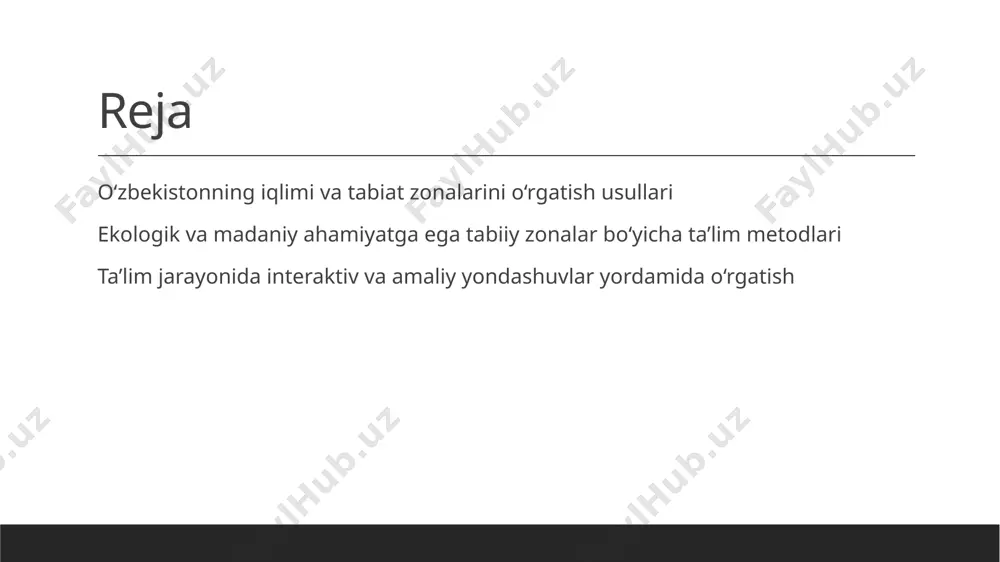 xnologiyalar interaktiv dasturlar, simulyatsiyalar va mobil ilovalar orqali iqlim va tabiat zonalarini vizual ravishda tushuntirish, ta’lim jarayonini qiziqarli va samarali qiladi. 03 jamoaviy ishlash guruhli muhokamalar, loyiha ishlari va terma mashg‘ulotlar orqali o‘quvchilar faol ravishda ishtirok etadi, ekologik va madaniy xususiyatlarni chuqurroq o‘rganadi. ekologik va madaniy ahamiyatga ega tabiiy zonalarni o‘rgatishda innovatsion metodlar 1 ekologik ahamiyat tabiiy zonalar ekologik barqarorlik uchun muhim bo‘lib, o‘rganish ularning muhofazasi va ekologik muvozanatni saqlash uchun zarurdir. 2 madaniy bog‘liqlik tabiiy zonalar mahalliy madaniyat va an’analarga chuqur bog‘liq bo‘lib, ularni o‘rganish milliy identitet va an’analarning rivojlanishiga hissa qo‘shadi. 3 innovatsion yondashuvlar interaktiv texnologiyalar va virtual sayohatlar yordamida tabiiy zonalarni tushuntirish, o‘quvchilarning qiziqishini oshiradi va chuqurroq tushunishga yordam beradi. tabiiy zonalar bo‘yicha interaktiv ta’lim texnikalari va ularning amaliy qo‘llanilishi 1 interaktiv ta’lim texnikalari o‘quvchilarga tabiiy zonalarni vizual va amaliy tarzda tushuntirish uchun interaktiv texnikalar, masalan, kartochkalar, simulyatsiyalar va virtual sayohatlar qo‘llaniladi. 2 guruh muhokamalari talabalar orasida …