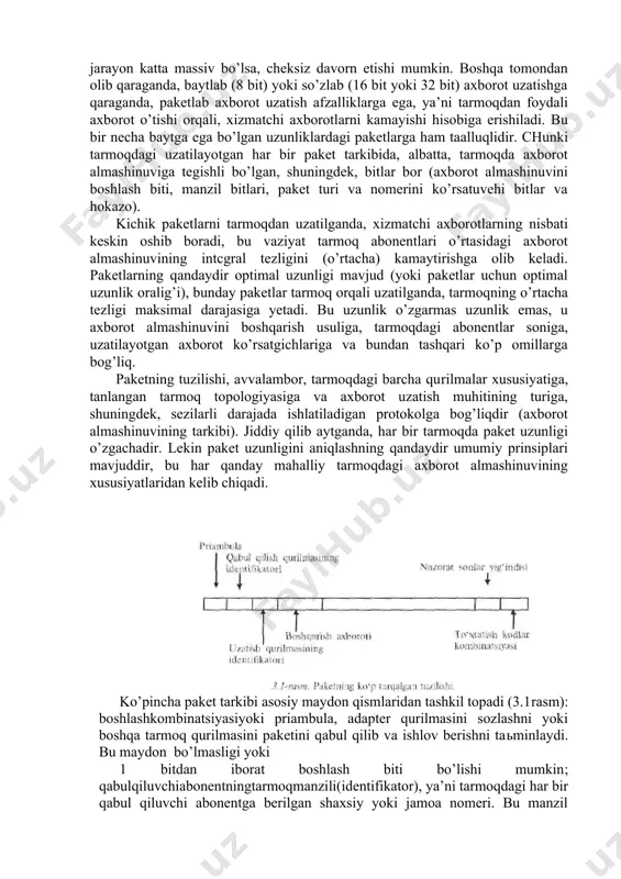 yuqoridir. masalan, mahalliy tar­moqlarga xos bo’lgan bittali xato bo’lish ehtimolining kattaligi 10­8 ni, paket uzunligi 10 kbit bo’lgan 10­4 xatolikka yo’l qo’yilishi ehtnnoli bilan, 10 mbit uzunlikdagi massiv esa 10­1 ehtimoli bilan uzatiladi. shuningdek, bir necha megabaytli massivda xatolikni topish bir necha kilobaytdan tashkil topgan paketda xatolik topishga qaraganda, ancha murakkab. xatolik topilganda butun massiv axborotini boshqatdan uzatish kerak bo’ladi, bu esa ixcham paketni uzatishga qaraganda, birmuncha murakkabdir. katta massiv axborotni qayta uzatganda, yana xatolikka yo’l qo’yish ehtimoli yuqori va bu jarayon katta massiv bo’lsa, cheksiz davorn etishi mumkin. boshqa tomondan olib qaraganda, baytlab (8 bit) yoki so’zlab (16 bit yoki 32 bit) axborot uzatishga qaraganda, paketlab axborot uzatish afzalliklarga ega, ya’ni tarmoqdan foydali axborot o’tishi orqali, xizmatchi axborotlarni kamayishi hisobiga erishiladi. bu bir necha baytga ega bo’lgan uzunliklardagi paketlarga ham taalluqlidir. chunki tarmoqdagi uzatilayotgan har bir paket tarkibida, albatta, tarmoqda axborot almashinuviga tegishli bo’lgan, shuningdek, bitlar bor (axborot almashinuvini …
