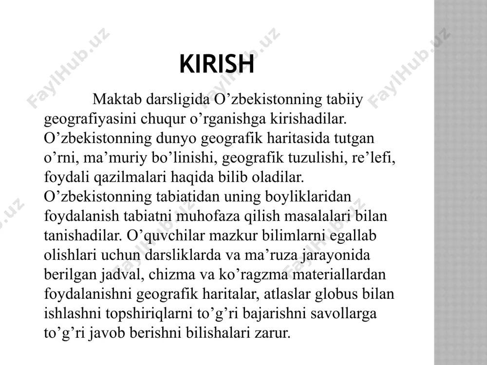 a o’zbkistondagi tog’ tizmalari va ularning joylashgan o’rni alohida ustunlarda beriladi. o’zbkiston tog’ tizmalarining joylashgan o’rni qaysi ustunga to’g’ri kelishini to’ldirish talaba o’quvchilarga vazifa qilib topshiriladi. ular bu vazifadan kelib chiqqan xolda to’g’ri javobni aniqlaydilar va kerakli ustunga + (plus) belgisini qo’yib boradi. ushbu mavzudagi texnalogiya yordamida o’quvchilarni jamoa bo’lib ishlashlariga turtki beradi. men yana boshqacha texnologiyalardan foydalanib o’quvchilarni yakka tartibda vaq jamoa bilan ishlash ni o’rgataman. t/r o’zbkistondagi tog’ tizmalari o’zbekistondagi tog’ tizmalarining joylashgan o’rni oloy g’arbiy tyanshan g’arbiy pomir quyi amudaryo 1 xisor + 2 talas olatovi + 3 boysun + 4 piskom + 5 ugom + 6 turkiston + 7 qurama + 8 nurota + 9 bobotog’ + 10 qizilnura + 2. o’zbkiston hududining juda katta tekisliklardan iborat .uning yer usti tuzilishi, dengiz sathidan balandligi va ayrim joylarining kelib chiqishi tirlichadir.o’zbekistonning bu qismi tekislik deb atalsa ham u yerda uncha baland bo’lmagantog’lar ham bor.o’zbekistonning tekislik qismidagi katta …