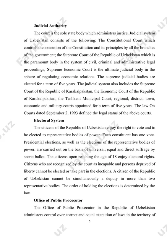 on the office of public prosecutor dated december 9, 1992. the general public prosecutor of the republic of uzbekistan heads a single centralized system of public prosecutors's offices. the general public prosecutor appoints public prosecutors of regions, districts and towns; the public prosecutor of karakalpakstan is appointed by the jokary genes of karakalpakstan in accordance with the general public prosecutor of the republic of uzbekistan. the term of office for all public prosecutors is five years. they have to suspend their membership in political parties and other unions, which pursue political aims for the term of their authority. the bodies of public prosecutors execute their authority regardless of state bodies and functionaries and are guided only by the law. financial system the republic of uzbekistan has its own financial and monetary-credit system. the state budget includes state budget, budget of the republic of karakalpakstan and local budgets. a single tax …