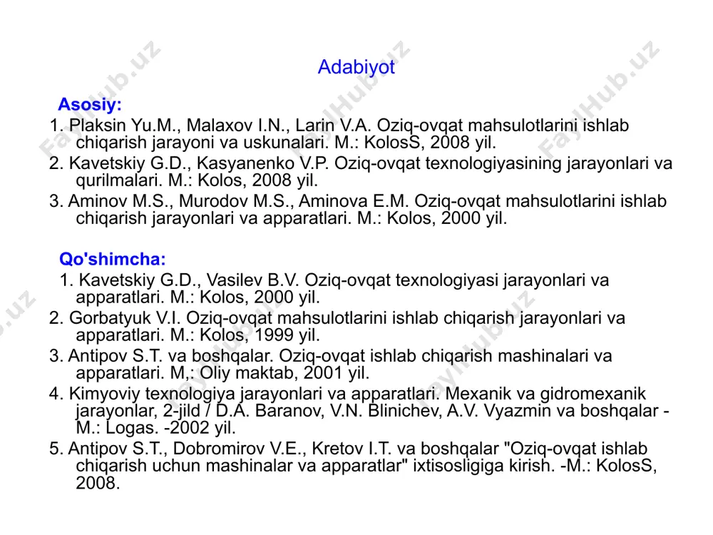 i.t. va boshqalar "oziq-ovqat ishlab chiqarish uchun mashinalar va apparatlar" ixtisosligiga kirish. -m.: koloss, 2008. oziq-ovqat mahsulotlari ishlab chiqarish jarayonlarining tasnifi jarayon jarayon bular. bosqich 1 bular. bosqich 3 bular. 4-bosqich tayyor mahsulot texnik operatsiyalar texnik operatsiyalar texnik operatsiyalar bular. bosqich 2 texnik operatsiyalar texnologik jarayonlarning turlari 1.1-rasm. xom ashyoni tarkibiy qismlarga ajratish orqali oziq-ovqat ishlab chiqarish liniyalarining blok diagrammasi. 1.2-rasm. xom ashyoni tarkibiy qismlarga ajratish orqali oziq-ovqat ishlab chiqarish liniyalarining blok diagrammasi. 1.3-rasm. xom ashyo komponentlarini birgalikda qayta ishlash orqali oziq-ovqat mahsulotlarini ishlab chiqarish liniyalarining strukturaviy diagrammasi. jismoniy zichlik: qayerda m - tana vazni, kg; v - tana hajmi, m³ . bu yerda e - quyma materialning g'ovakligi (g'ovakligi); r f – moddiy zarrachalarning fizik zichligi, kg/ m³ . maxsus hajm: ommaviy zichlik: erkin quyilgan materialning bo'shliqlari hajmi; erkin quyilgan materialning bo'shliqlari hajmi, m³ ; erkin quyilgan material hajmi, m³ ; nisbiy zichlik: v p v n qayerda – …