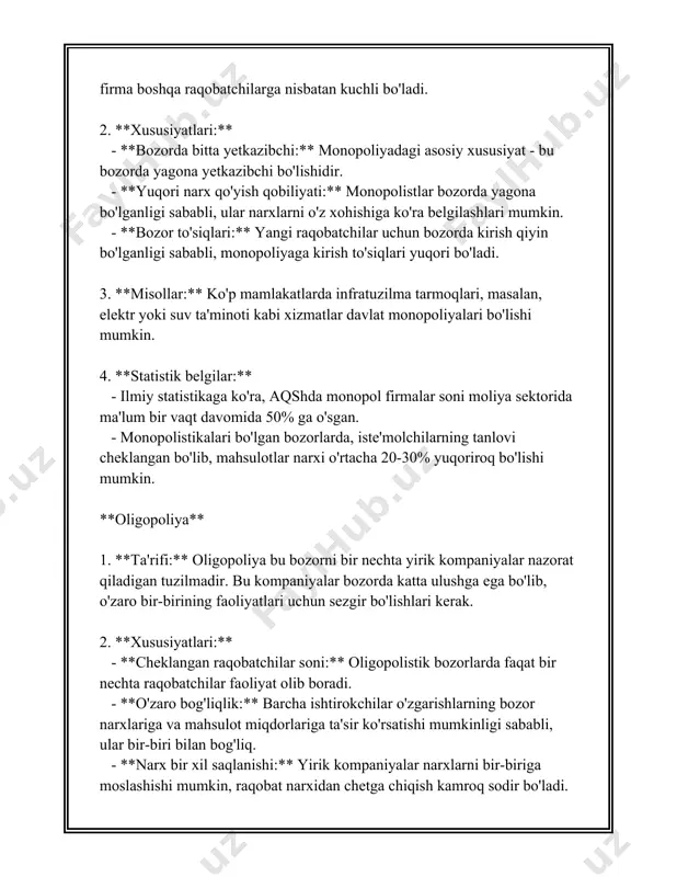 ba'zi mahsulotlarning o'rtacha narxlari yillik inflyatsiya darajasidan pastroq suratda o'sib bormoqda. 4. **raqobatning foydalari**: - raqobat iste'molchilarga sifatli tovar va xizmatlarni qulay narxlarda taqdim etishi mumkin. masalan, raqobat tufayli hindistonda mobil aloqa xizmatlarining narxi oxirgi 10 yil ichida 95 % ga arzonlashdi, bu esa aholi sonining ko'plab qismini raqamli infratuzilmalardan foydalanishga imkon yaratdi. 5. **energiya sektori**: - energiya sektori, ayniqsa, elektr energiyasi bozorlari, raqobatni oshirish orqali xarajatlarni kamaytirishga erishadi. aqshda elektr energiyasi yoyilmasidan foydalanuvchi maqbullashtirilgan davrali raqobat ko'rsatkichlari avvalgi yillarga nisbatan 20-30 % samaradorligini oshirgan. 6. **texnologik innovatsiyalar**: - raqobat texnologik innovatsiyalarni rag'batlantiradi. masalan, 2019 yilda global it va texnologiya kompaniyalari raqobat tufayli o‘z tadqiqot va rivojlanish xarajatlari uchun 1000 milliard dollargacha mablag‘ sarflagan. 7. **ish o‘rinlari yaratish**: - raqobatli korxonalar ko‘proq ish o‘rinlari yaratadi. jahon banki hisobotiga ko‘ra, raqobat yangi boshlanayotgan korxonalarning 70 % ga yaqini uch yil davomida o‘sib, qo'shimcha ish imkoniyatlarini yaratadi. 8. **anti-inflyatsion ta’sir**: - qattiq …