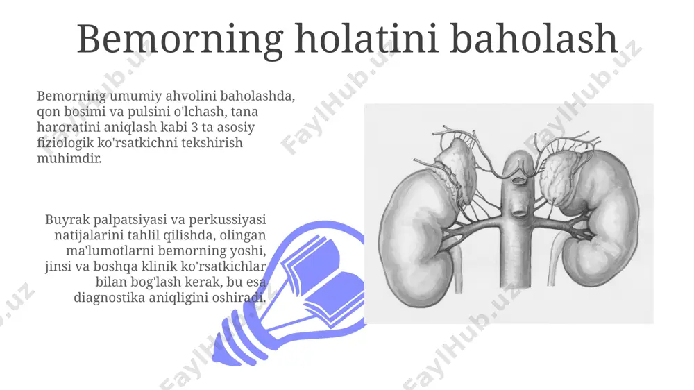 n qo'llarni bemorning qorin devori bo'ylab 3-5 sm siljitish tavsiya etiladi. klinik ahamiyati va diagnostik qiymati buyrak palpatsiyasi va perkussiyasi o'tkir va surunkali buyrak yetishmovchiligi, buyrak toshlari, buyrak o'smalari kabi patologiyalarni aniqlashda 70% gacha aniqlik bilan yordam beradi. buyraklarning kattalashishi yoki sezuvchanligini aniqlash orqali, taxminan 5-10 sm kattalikdagi o'zgarishlarni aniqlash mumkin, bu esa buyrak patologiyalarining dastlabki diagnostikasi uchun muhim ahamiyatga ega. superfisiyal va chuqur palpasiya chuqur palpasiya ikkala qo'lni ishlatib, buyrakning pastki qutbini aniqlash uchun qo'llaniladi, bu jarayon 5-10 sm gacha bo'lgan chuqurlikka yetishi mumkin. superfisiyal palpasiya buyrakning yuqori qutbini aniqlashda yordam beradi, taxminan 12-chi qovurg'a ostida joylashgan bo'lib, bemorning chuqur nafas olishi bilan uning harakatini his qilish mumkin. normal va patologik topilmalarni farqlash 01 02 buyrak palpasiyasi va perkussiyasi paytida normal holatda buyrakning kattaligi taxminan 10-12 sm ni tashkil etadi, patologik holatlarda esa kattalashishi (nefromegaliya) yoki kichrayishi (atrofiya) kuzatilishi mumkin. sales 1st qtr 2nd qtr 100 0 sales 1st …