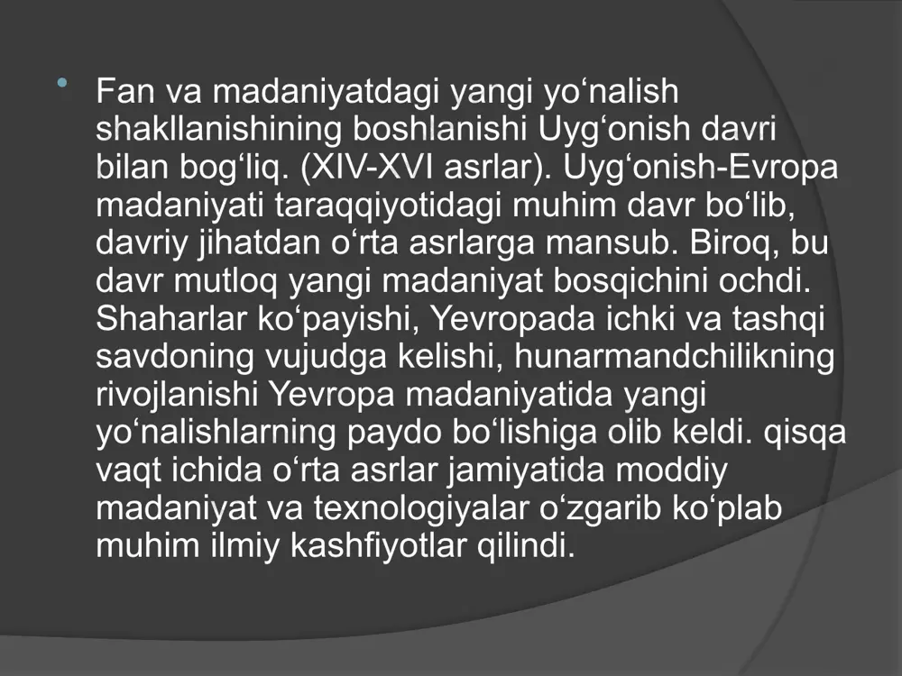 n taqdiridagi radikal o‘zgarishlar oldida turibmiz. zamonaviy inson uchun ham jismonan, ham ijtimoiy jihatdan mutlaqo yangi manzara, yangi faoliyat yaratildi. xx asrda texnika surati haddan tashqari o‘sdi. keyingi yuz yilda yer yuzida sanoat ishlab chiqarishi 50 martadan oshdi, bu o‘sishning 4g‘5 qismi 1950 yildan keyingi davrga to‘g‘ri keldi. haqli ravishda xx asr insoniyat tarixiga ilmiy-texnika inqilobi asri bo‘lib kirdi. insonlarning hozirgi vaqtdagi ta’sir kuchini tabiatning eng beshafqat kuchlari bilan teng qo’yish mumkin. shuning uchun ham xususan xx asrda texnika muammosi va uning madaniyatdagi o‘rniga olimlar o‘z e’tiborlarini alohida qaratdilar. yelkanli kema dunyodagi eng katta yuk kemasi texnikaning xususiyatlari: 1. texnika sun’iy ravishda, kishilar tomonidan tabiatni o‘zgartirishi natijasida yaratilib, oqibatda, oldindan yaralgan ideal andozalar moddiylikda mujassamlanadi; 2. texnikaning ommaviy xususiyati- u avvalo, kishilarning amaliy ehtiyojlari bilan bog‘liq bo‘lib, shu ehtiyojlarni qondirishga xizmat qiladi; 3. texnikaning muhim parametrlaridan biri rasionallik hisoblanadi, ma’lum jamiyat doirasida u yoki bu texnika qurilmasini ma’lum qadar tezroqishlab …