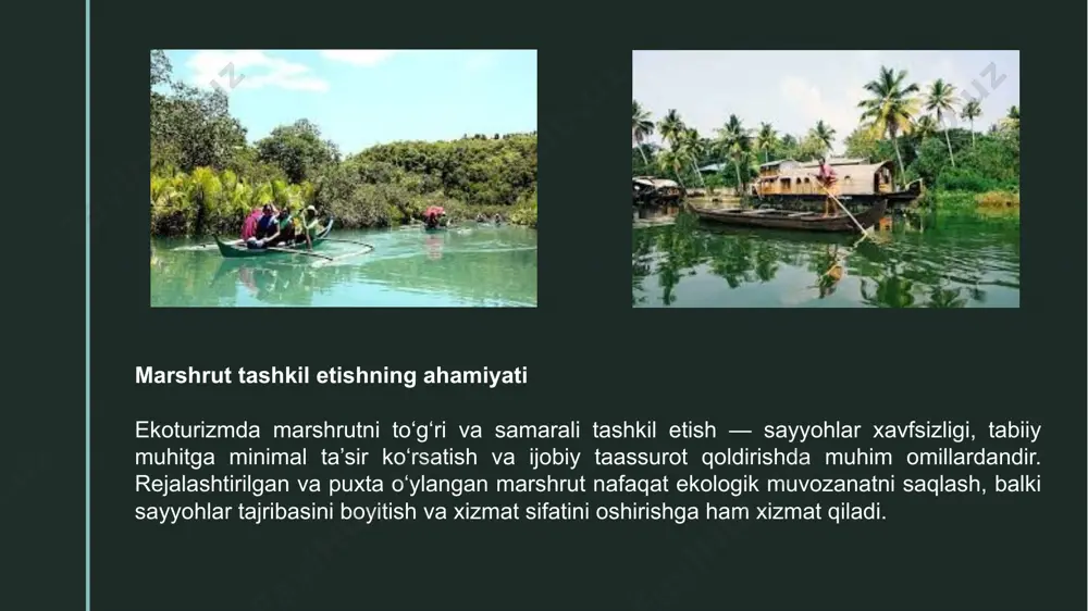 ri ekoturizmda marshrut turlari tabiiy muhitga zarar yetkazmaslik, sayyohlarning sog‘lig‘ini mustahkamlash va ular uchun betakror tajriba yaratish kabi omillarni hisobga olgan holda tanlanadi. piyoda yurish (trekking) — eng ekologik toza va jismoniy faollikni oshiruvchi marshrut turi hisoblanadi. bunday yo‘nalishlar tog‘li hududlar, o‘rmonzorlar yoki maxsus yo‘laklar bo‘ylab tashkil etiladi. piyoda yurish orqali sayyohlar tabiat bilan bevosita aloqada bo‘lishadi, bu esa ekologik ongni shakllantirishda katta ahamiyatga ega. z 10 z marshrut turlari ekoturizmda marshrut turlari tabiiy muhitga zarar yetkazmaslik, sayyohlarning sog‘lig‘ini mustahkamlash va ular uchun betakror tajriba yaratish kabi omillarni hisobga olgan holda tanlanadi. otda sayr qilish — ayniqsa, tekislik va tarixiy yo‘nalishlarda keng qo‘llaniladi. bu tur qadimiy an’analarni eslatadi va sayyohlarga o‘zgacha tajriba taqdim etadi.kanoeda sayr esa suv resurslariga boy hududlarda (daryolar, ko‘llar) tashkil etiladi. ular sokin va atrof-muhitga deyarli ta’sir qilmaydigan transport vositalari bo‘lib, ekoturizm maqsadlariga to‘liq mos keladi. z 11 z marshrut turlari ekoturizmda marshrut turlari tabiiy muhitga zarar …