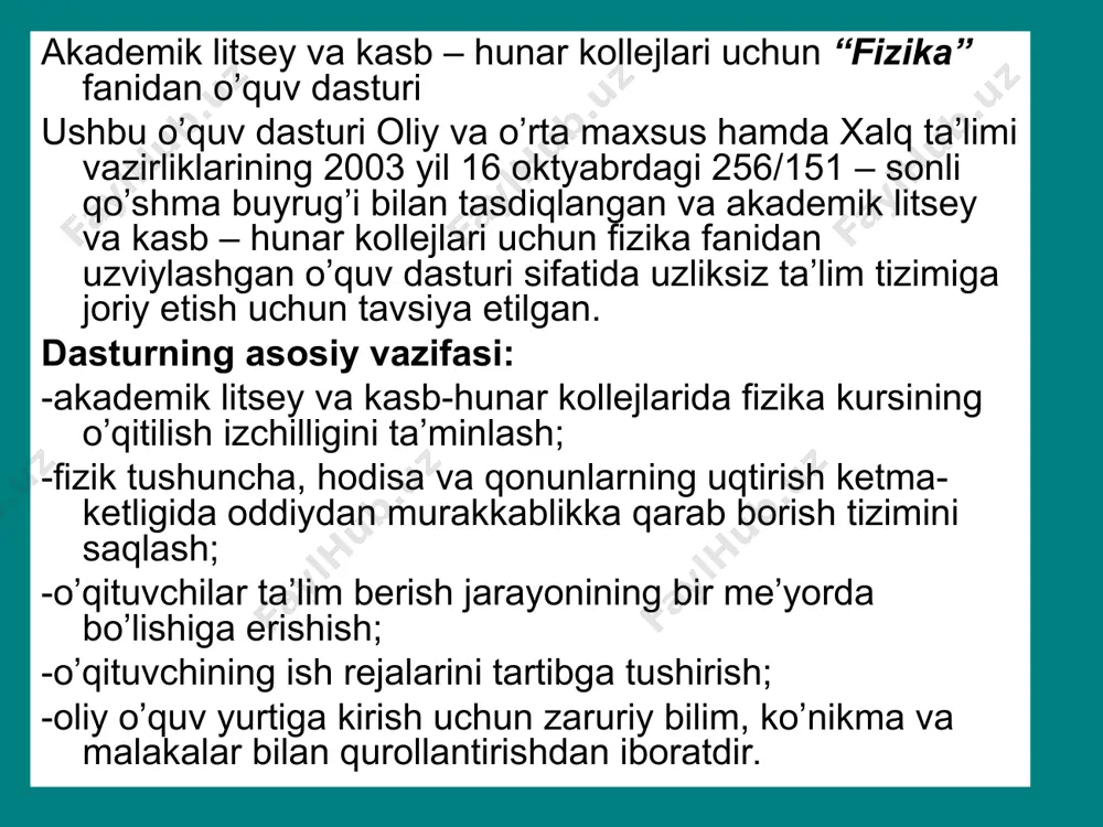 ga teng bo’ladi: q = ∆u+a. gaz temperaturasi o’zgarmas bo’lgani uchun uning ichki energyasi xam o’zgarmas bo’ladi: u = const, ∆u= 0. shuning uchun gaz ustida bajarilgan ish gaz termostatga berishi mumkin bo’lgan q issiqlik miqdoriga teng: q = a shunday qilib, izotermik jarayonda gazga berilayotgan issiqlik miqdori gaz bajargan ishga teng. adiabatik jarayon. adiabatik jarayon deb, shunday jarayonga aytiladiki, bunda sistema issiqlik almashinuvi natijasida energiya olmaydi ham va energiya bermaydi ham. boshqacha aytganda, adiabatik jarayonda q = 0. iv. yangi mavzuni mustaxkamlash 1. termodinamikaning birinchi qonuni 2. izoxorik jarayon uchun termodinamikaning birinchi qonuni 3. izobarik jarayon uchun termodinamikaning birinchi qonuni 4. izotermik jarayon uchun termodinamikaning birinchi qonuni. 5. adiabatik jarayon deb qanday jarayonga aytiladi 6. adiabatik jarayon uchun termodinamikaning birinchi qonuni v. yakunlash : a) uyga vazifa berish b) baholash xulosa 1–mavzuni yoritishda quyidagi didaktik materiallardan foydalandim. ko’rgazmali qurollardan, chizmalar,4ta rasmlar 4ta (izoxorik, izobarik, izotermik jarayonlarga oid)dan. texnik vositalardan …