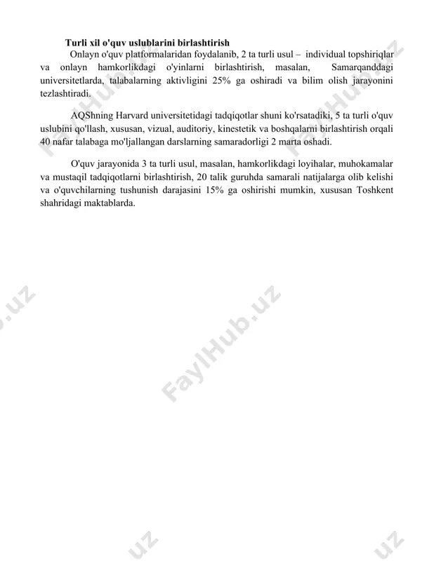 atdiki, faol muloqot va fikr almashish ko'nikmalarini egallaganlarning 70%i guruh loyihalarida muvaffaqiyatli natijalarga erishgan. turli xil o'quv uslublarini birlashtirish onlayn o'quv platformalaridan foydalanib, 2 ta turli usul – individual topshiriqlar va onlayn hamkorlikdagi o'yinlarni birlashtirish, masalan, samarqanddagi universitetlarda, talabalarning aktivligini 25% ga oshiradi va bilim olish jarayonini tezlashtiradi. aqshning harvard universitetidagi tadqiqotlar shuni ko'rsatadiki, 5 ta turli o'quv uslubini qo'llash, xususan, vizual, auditoriy, kinestetik va boshqalarni birlashtirish orqali 40 nafar talabaga mo'ljallangan darslarning samaradorligi 2 marta oshadi. o'quv jarayonida 3 ta turli usul, masalan, hamkorlikdagi loyihalar, muhokamalar va mustaqil tadqiqotlarni birlashtirish, 20 talik guruhda samarali natijalarga olib kelishi va o'quvchilarning tushunish darajasini 15% ga oshirishi mumkin, xususan toshkent shahridagi maktablarda. 📌xulosa биргаликдаги ўқиниш жараёнида ҳамкорликда ишлаш нафақат билимларни бойитишга, балки мулоқот кўникмаларини ривожлантиришга ҳам ёрдам беради. бу жараёнда ҳар бир иштирокчи ўзгалардан ўрганиб, жамоавий мақсадга эришишга ҳисса қўшади. 📚foydalanilgan adabiyotlar 1. johnson, d. w., johnson, r. t. (2009). hamkorlikda o'rganish. …